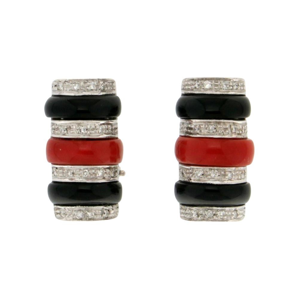 Handcraft Onyx 18 Karat White Gold Coral Diamonds Stud Earrings For Sale