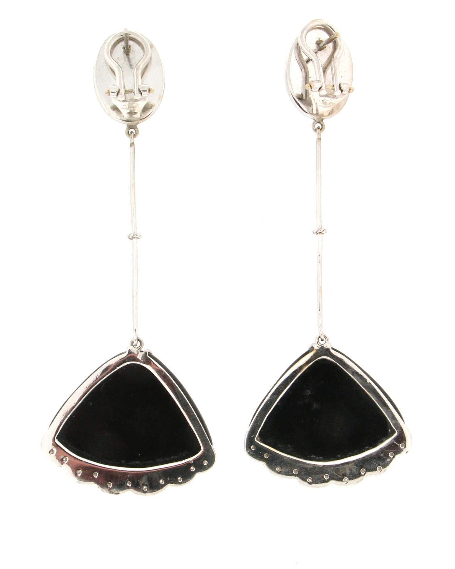 Brilliant Cut Handcraft Onyx 18 Karat White Gold Diamonds Clip-On Earrings For Sale