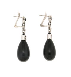 Contemporary 18k White Gold Art Deco Style Black Onyx & Diamond Drop Earrings