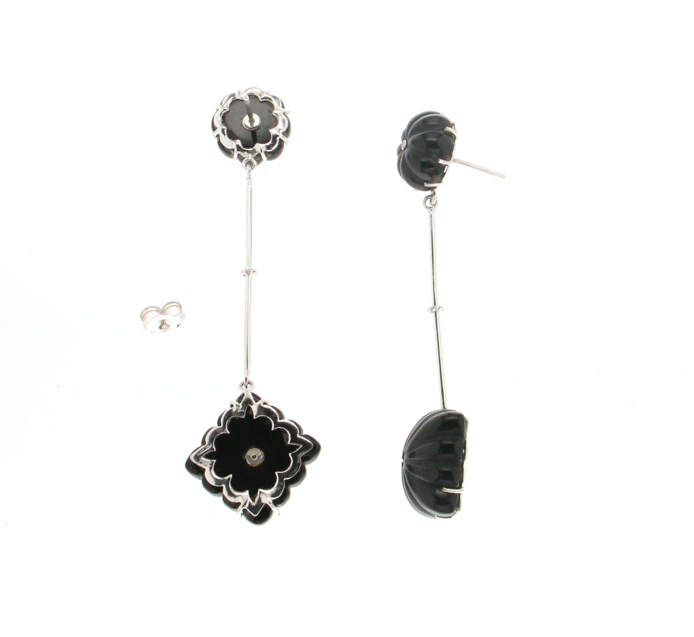 Artisan Handcraft Onyx 18 Karat White Gold Diamonds Drop Earrings For Sale