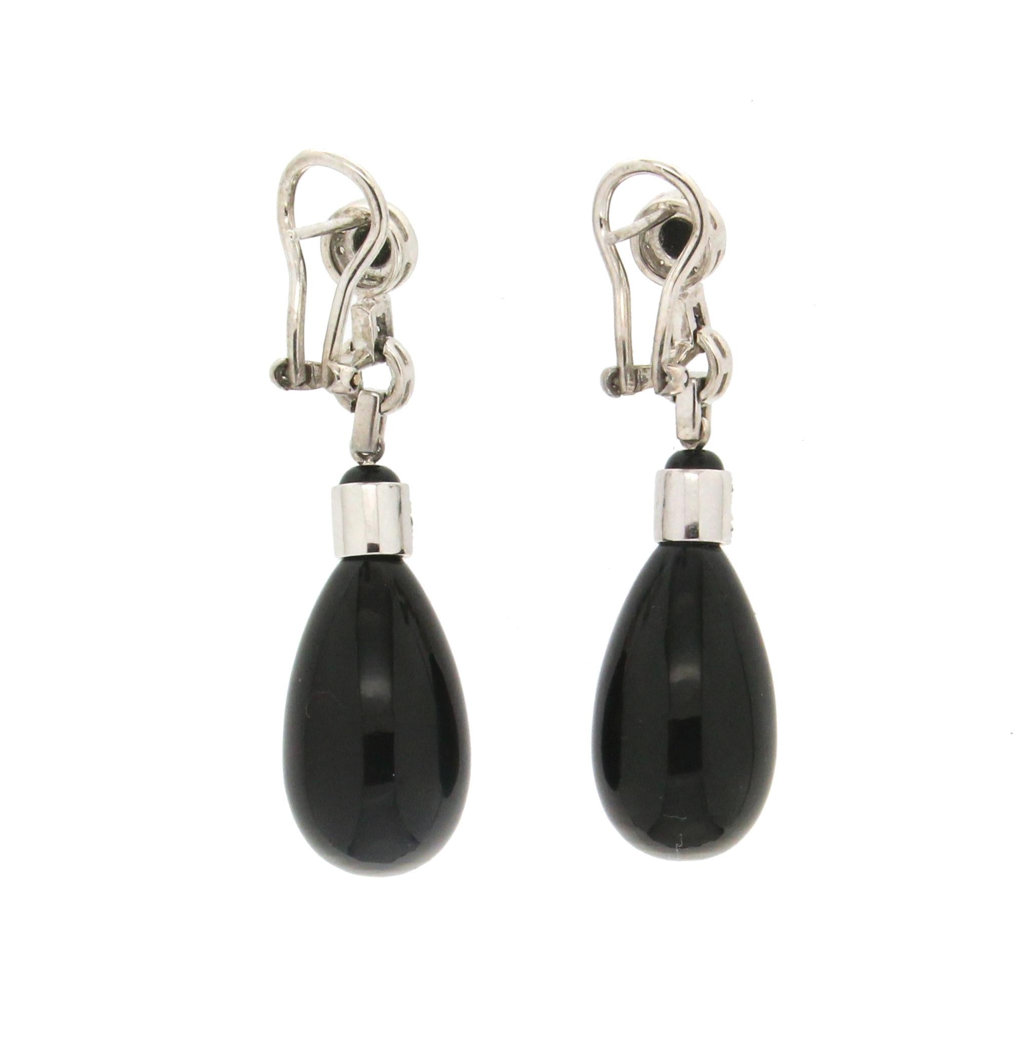 Mixed Cut Handcraft Onyx 18 Karat White Gold Diamonds Drop Earrings For Sale