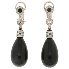 Handcraft Onyx 18 Karat White Gold Diamonds Drop Earrings