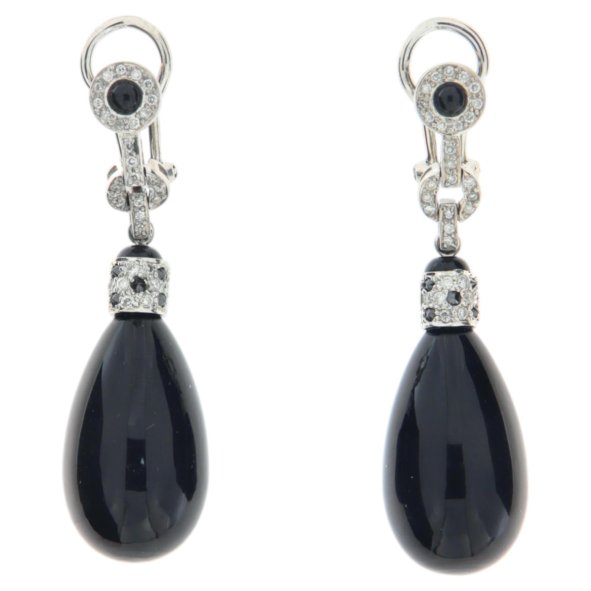Contemporary 18k White Gold Art Deco Style Black Onyx & Diamond Drop Earrings