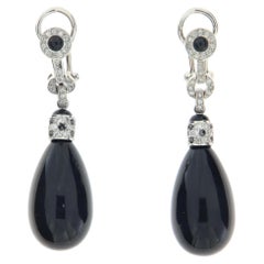 Contemporary 18k White Gold Art Deco Style Black Onyx & Diamond Drop Earrings