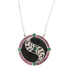 Handcraft Onyx 18 Karat White Gold Diamonds Emeralds Ruby Drop Necklace