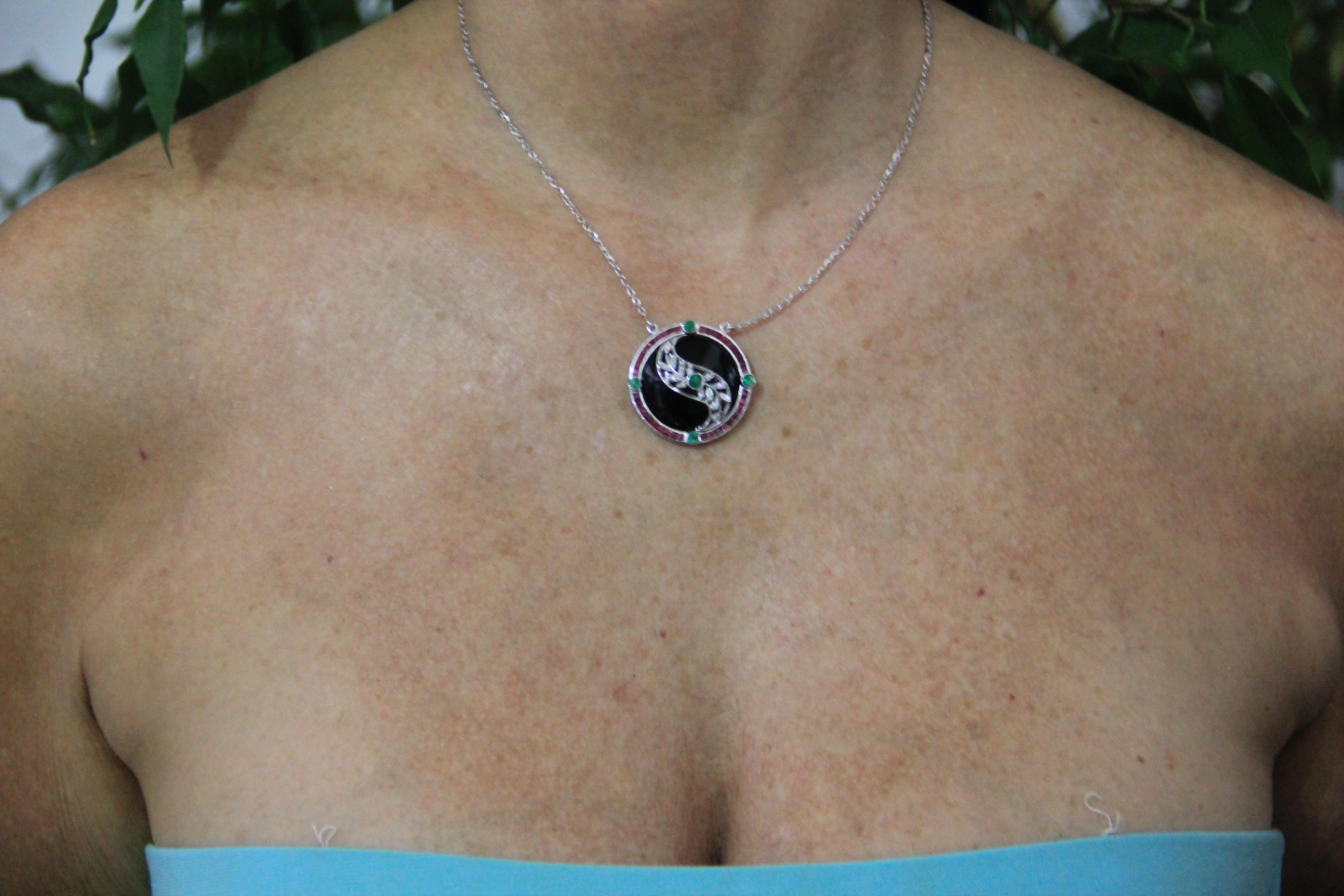 Women's or Men's Handcraft Onyx 18 Karat White Gold Diamonds Emeralds Ruby Drop Necklace For Sale