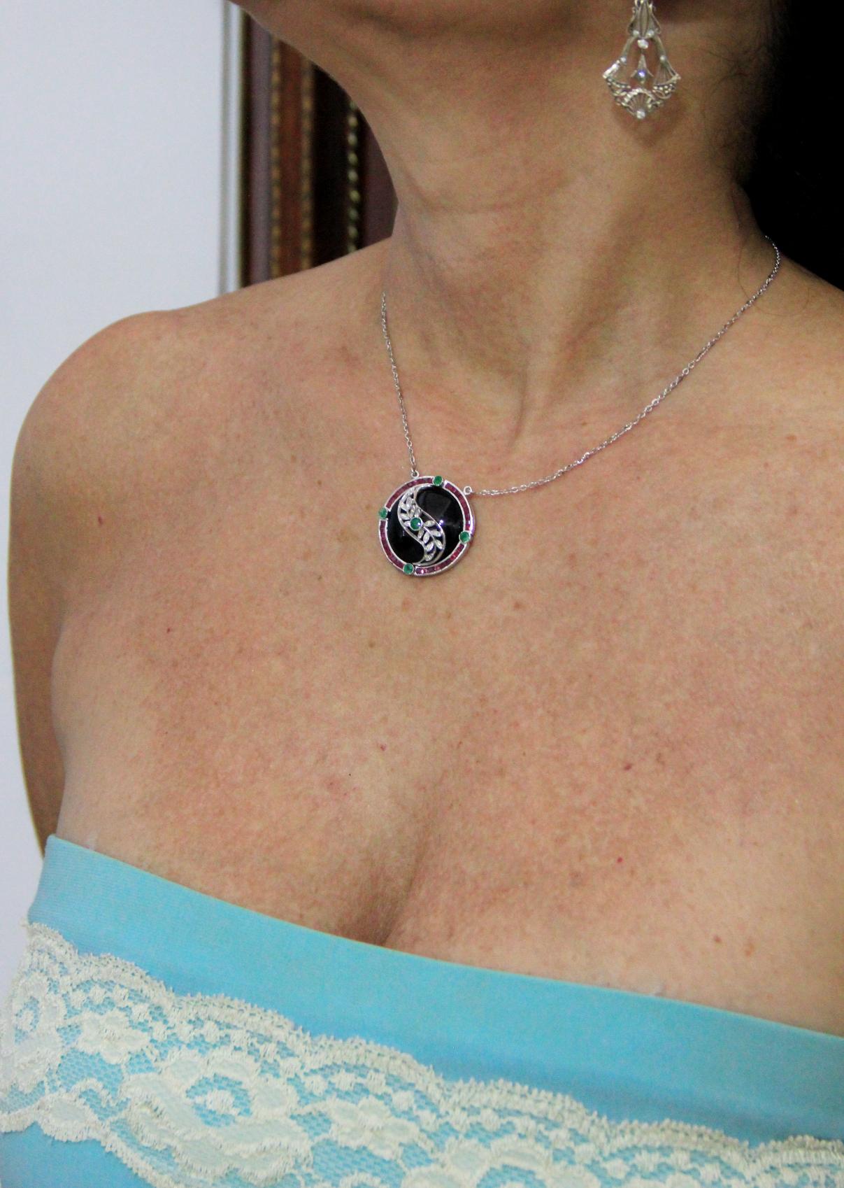 Handcraft Onyx 18 Karat White Gold Diamonds Emeralds Ruby Drop Necklace For Sale 1