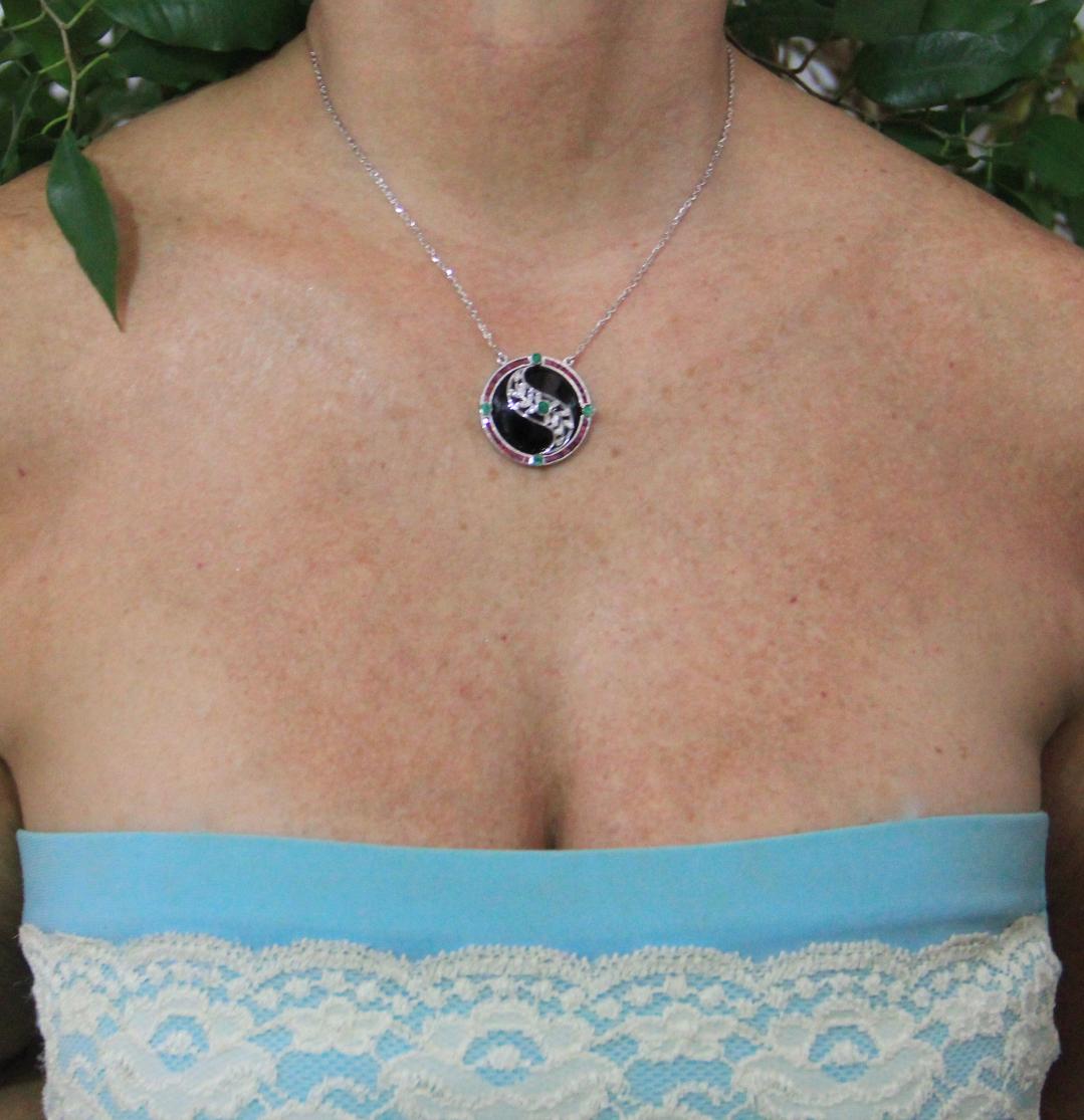 Handcraft Onyx 18 Karat White Gold Diamonds Emeralds Ruby Drop Necklace For Sale 2