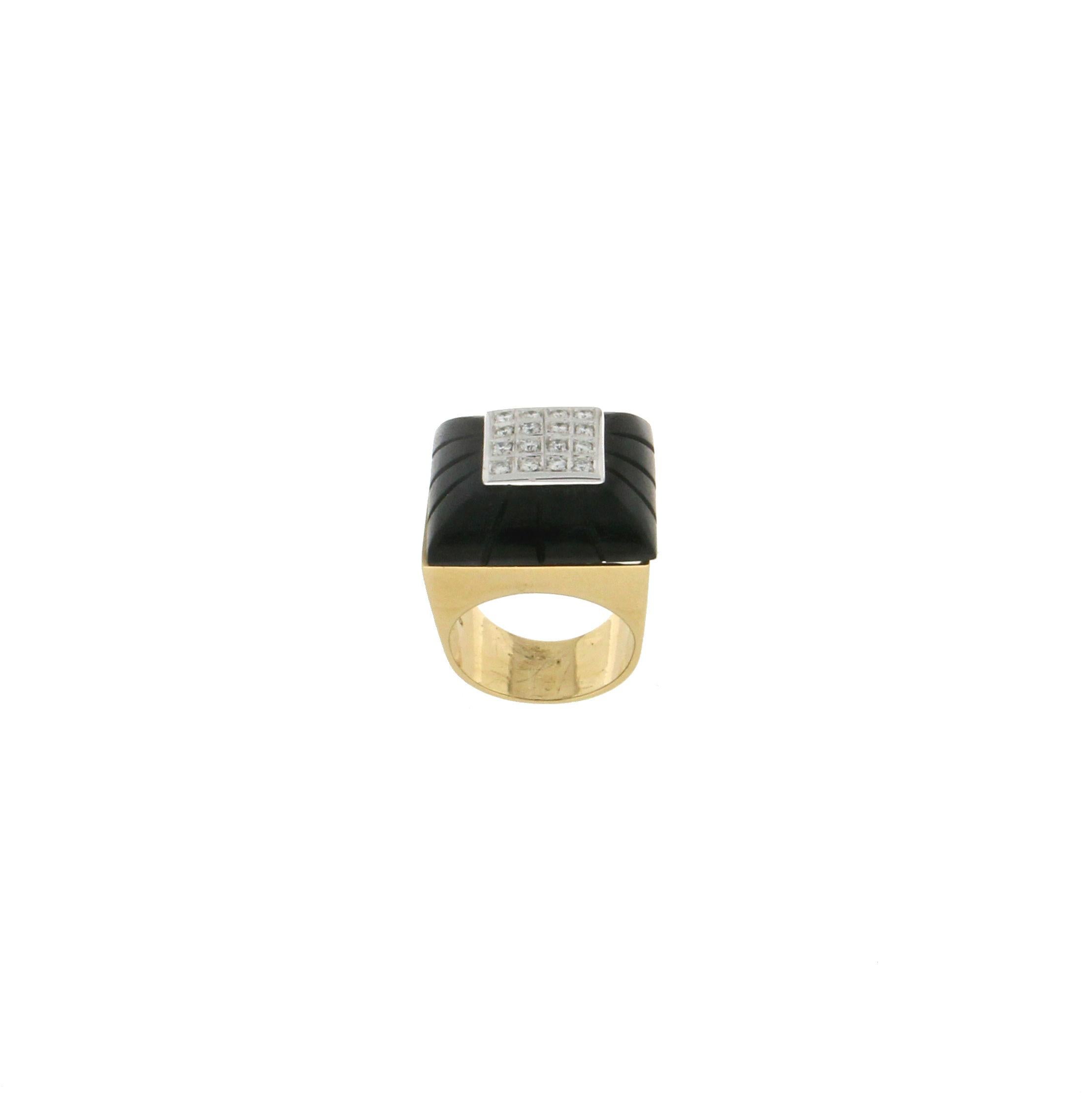 Women's or Men's Handcraft Onyx 18 Karat Yellow and White Gold Diamonds Cocktail Ring For Sale