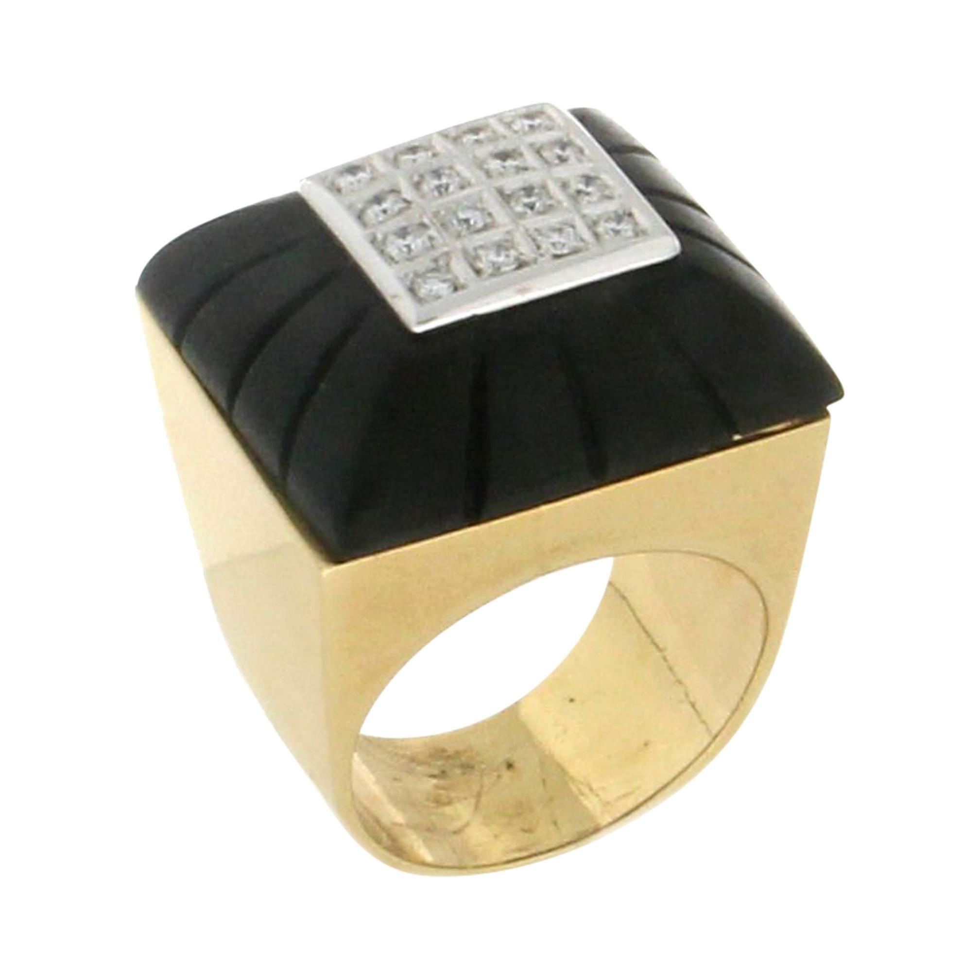 Bague cocktail artisanale en onyx, or jaune et blanc 18 carats et diamants