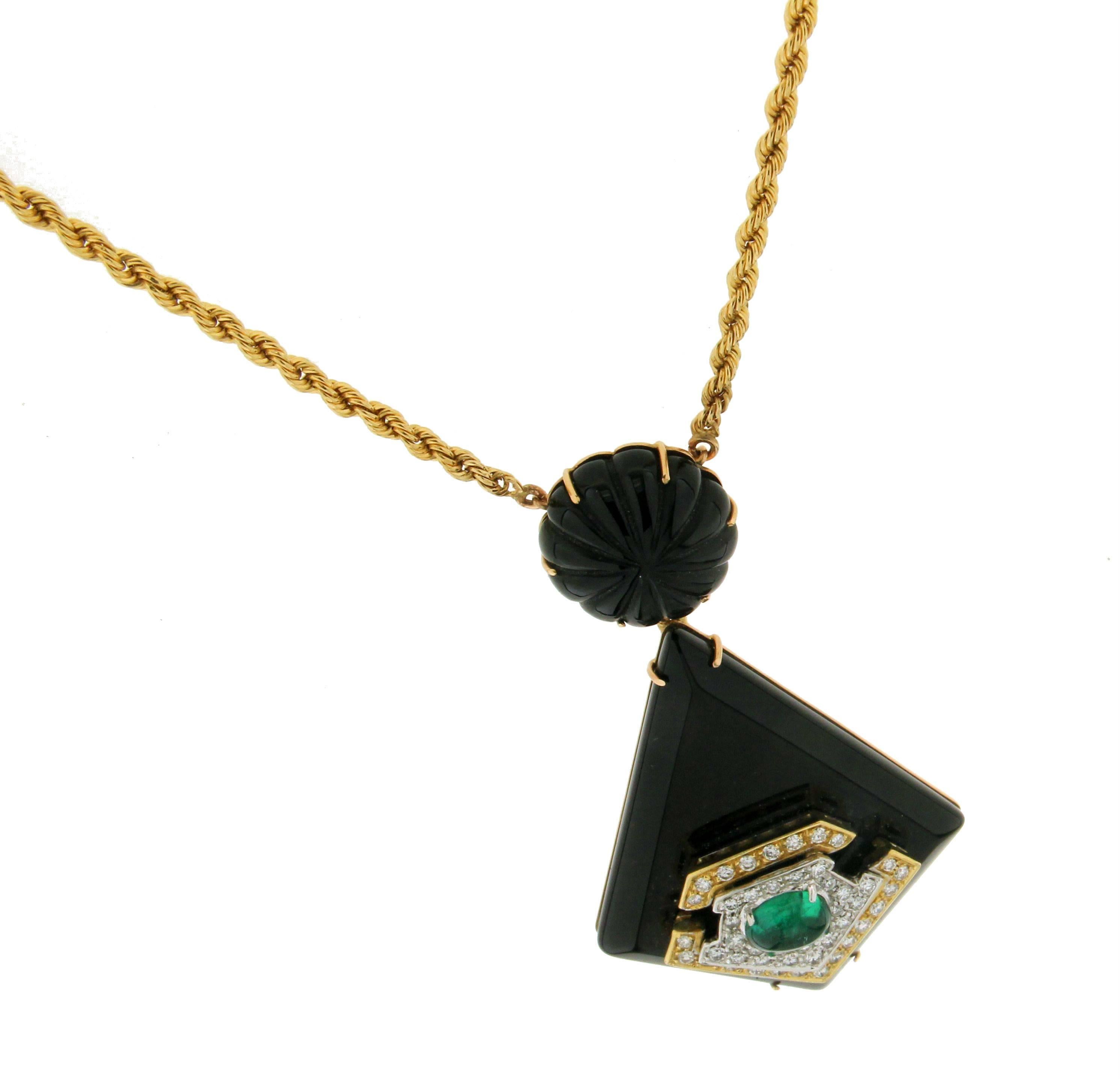 Artisan Handcraft Onyx 18 Karat Yellow and White Gold Diamonds Emerald Pendant Necklace For Sale