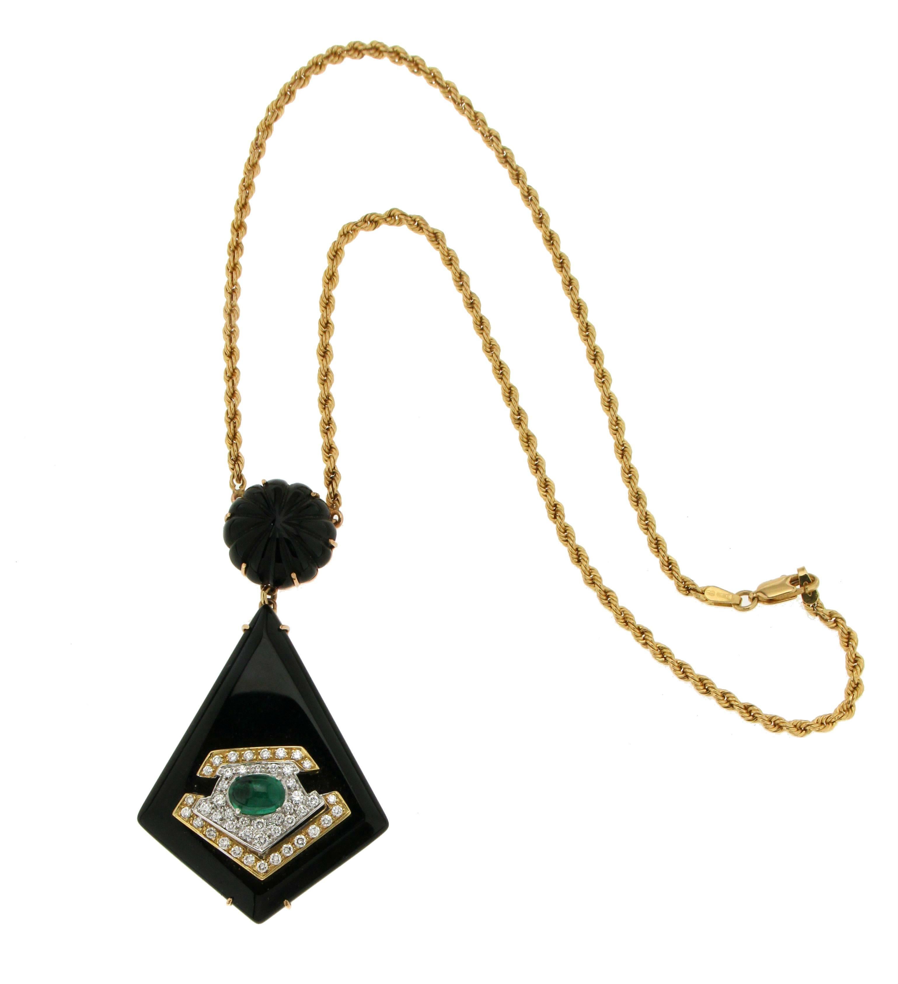 Emerald Cut Handcraft Onyx 18 Karat Yellow and White Gold Diamonds Emerald Pendant Necklace For Sale