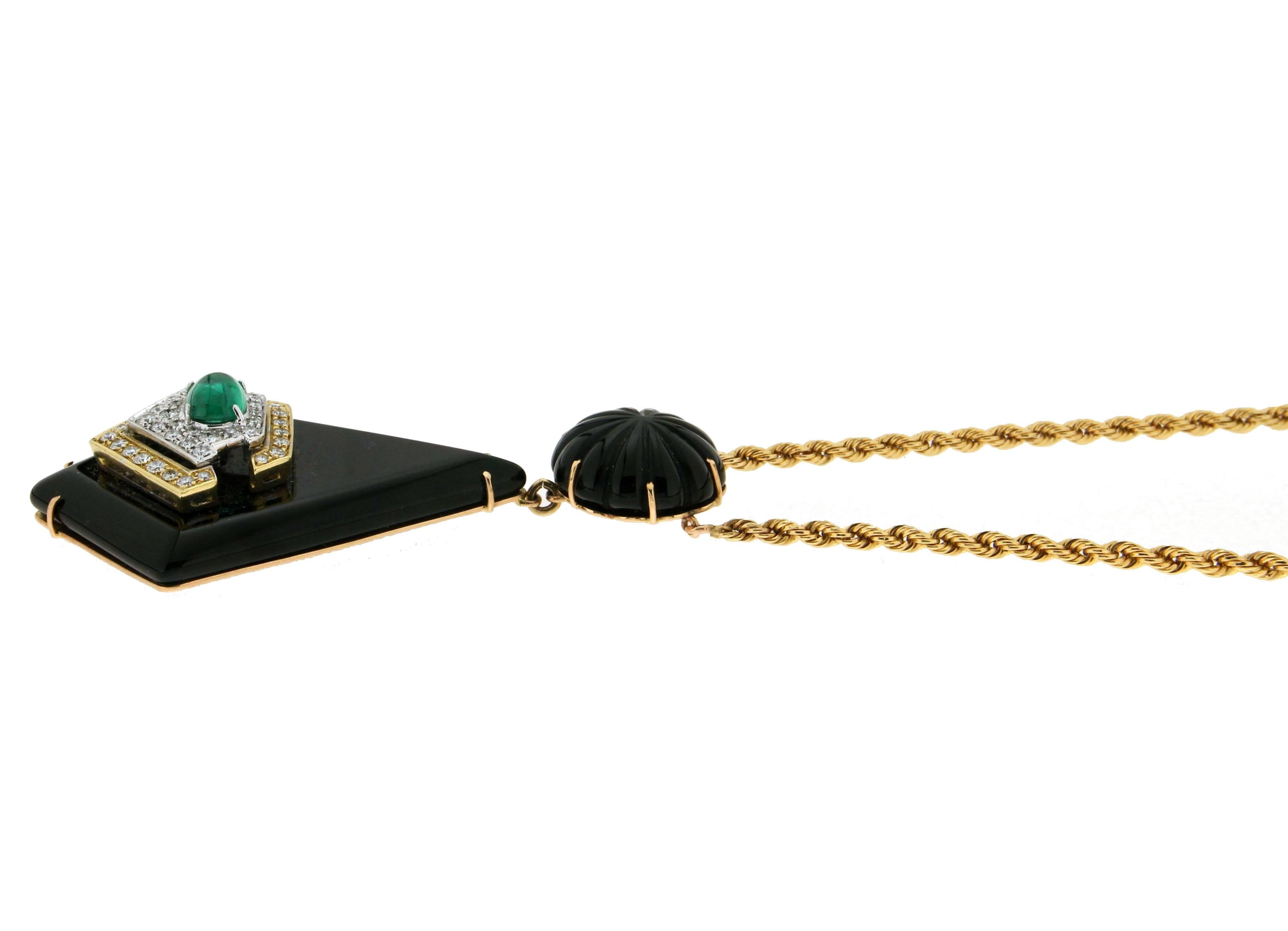 Women's or Men's Handcraft Onyx 18 Karat Yellow and White Gold Diamonds Emerald Pendant Necklace For Sale