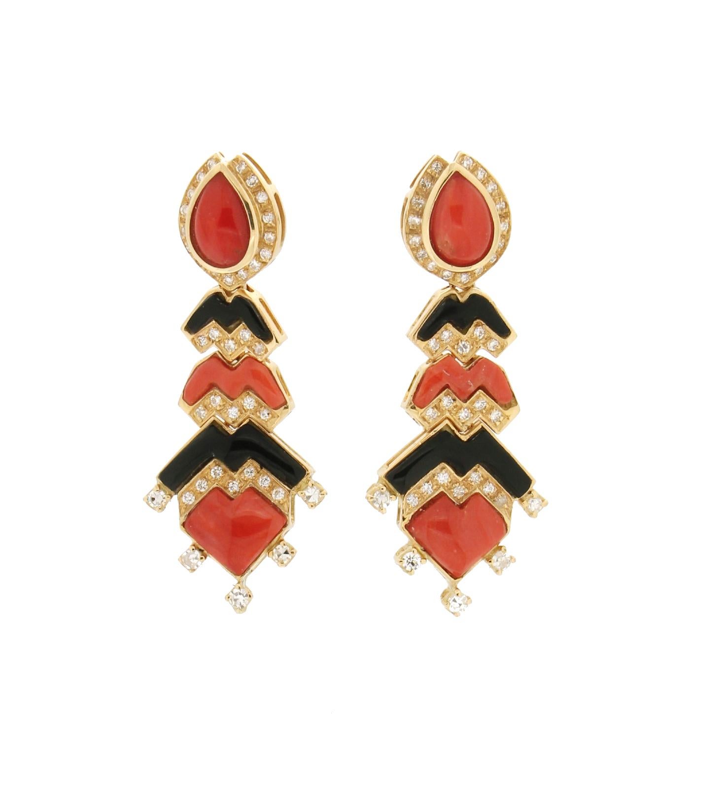 Artisan Handcraft Onyx 18 Karat Yellow Gold Coral Diamonds Drop Earrings For Sale