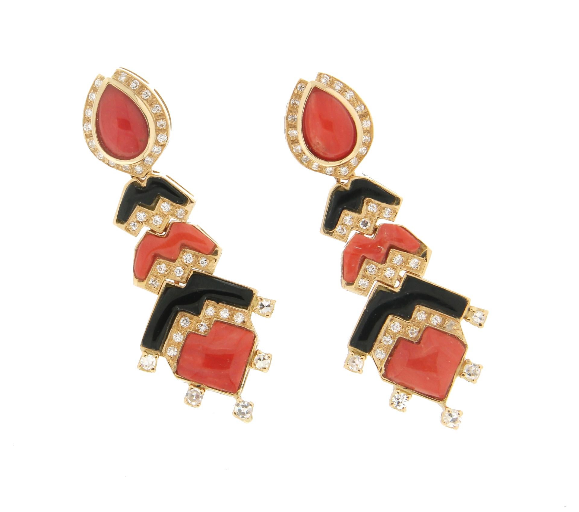 Brilliant Cut Handcraft Onyx 18 Karat Yellow Gold Coral Diamonds Drop Earrings For Sale