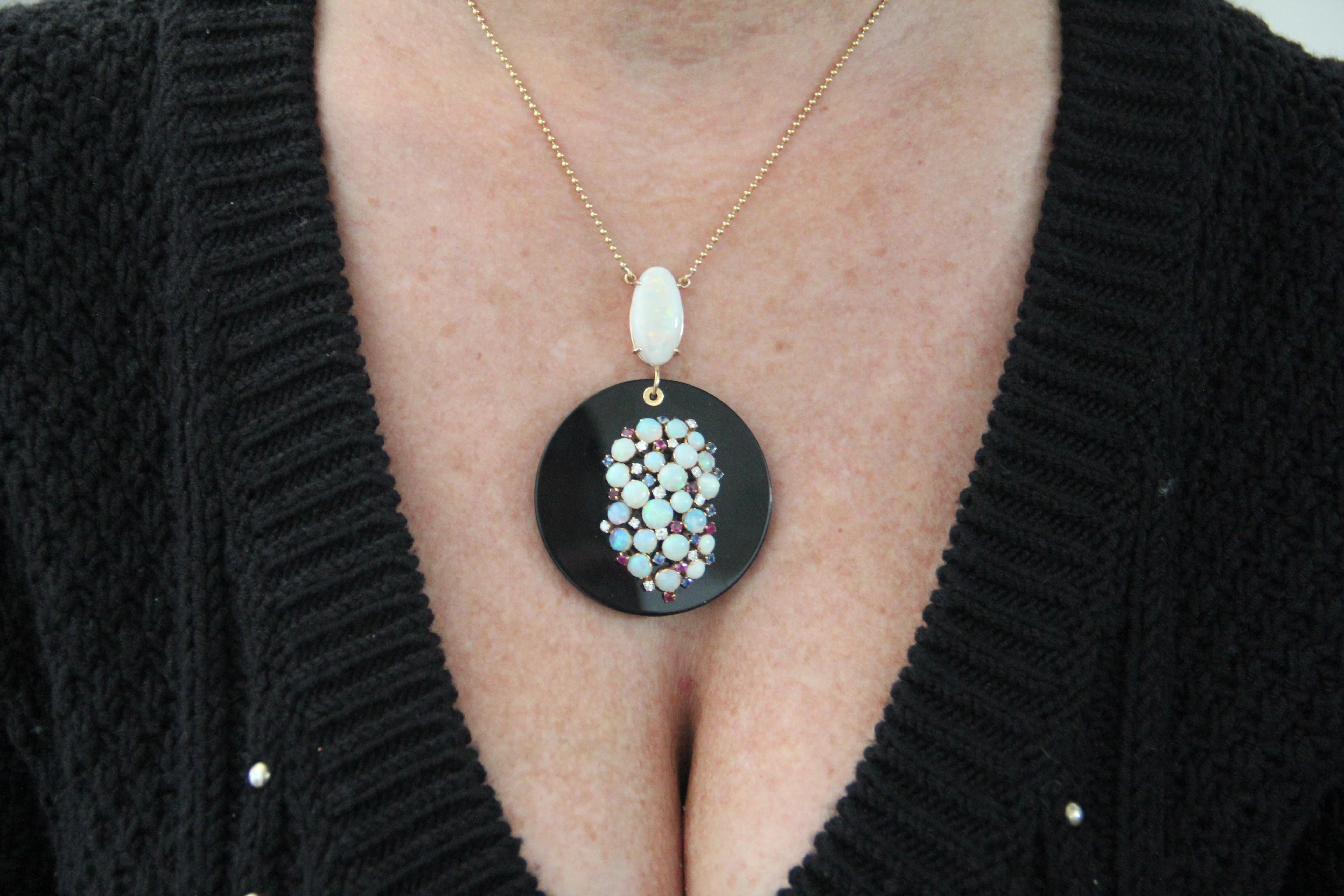 Handcraft Onyx 18 Karat Yellow Gold Diamonds Opal Sapphires Ruby Drop Necklace For Sale 2