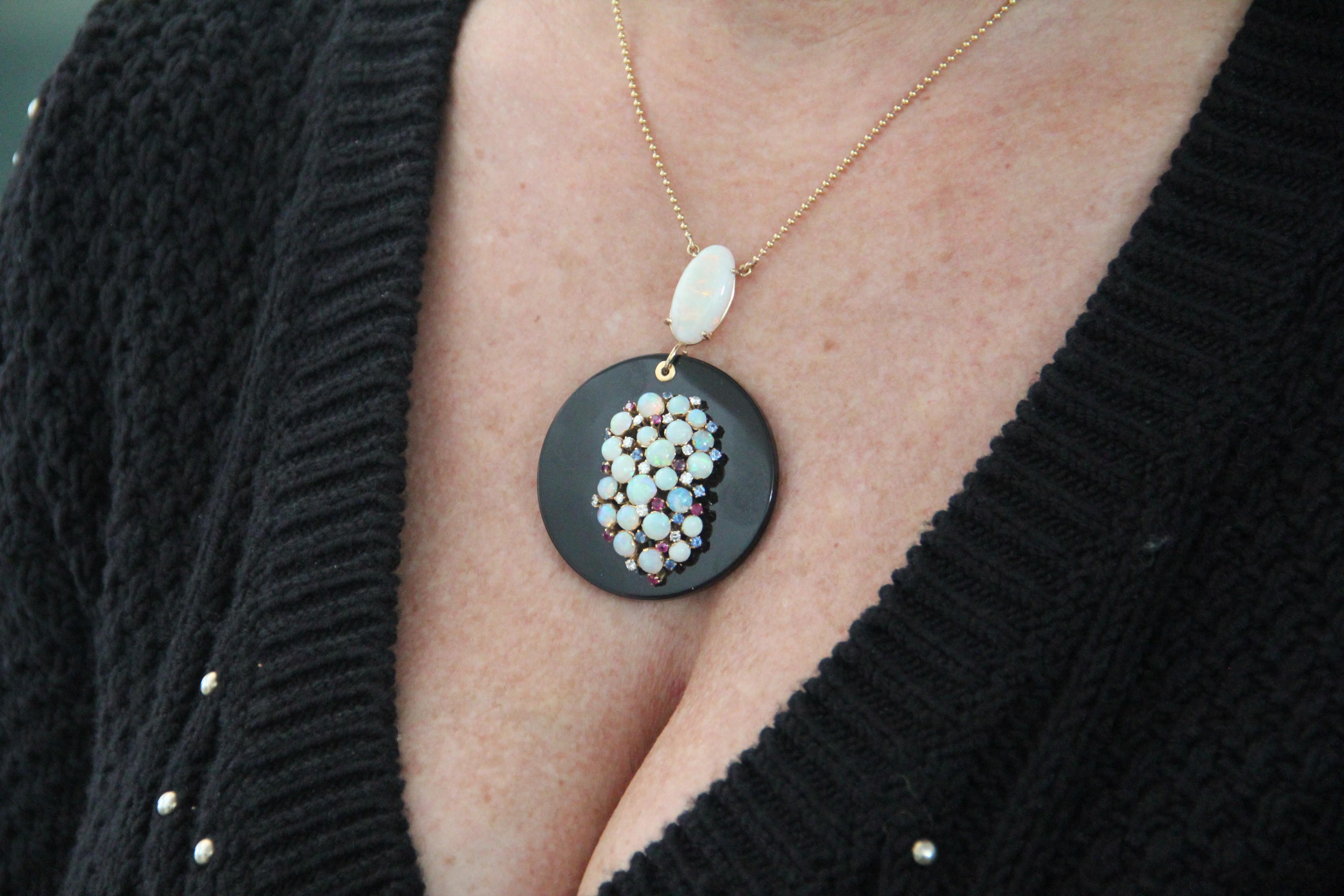 Handcraft Onyx 18 Karat Yellow Gold Diamonds Opal Sapphires Ruby Drop Necklace For Sale 3