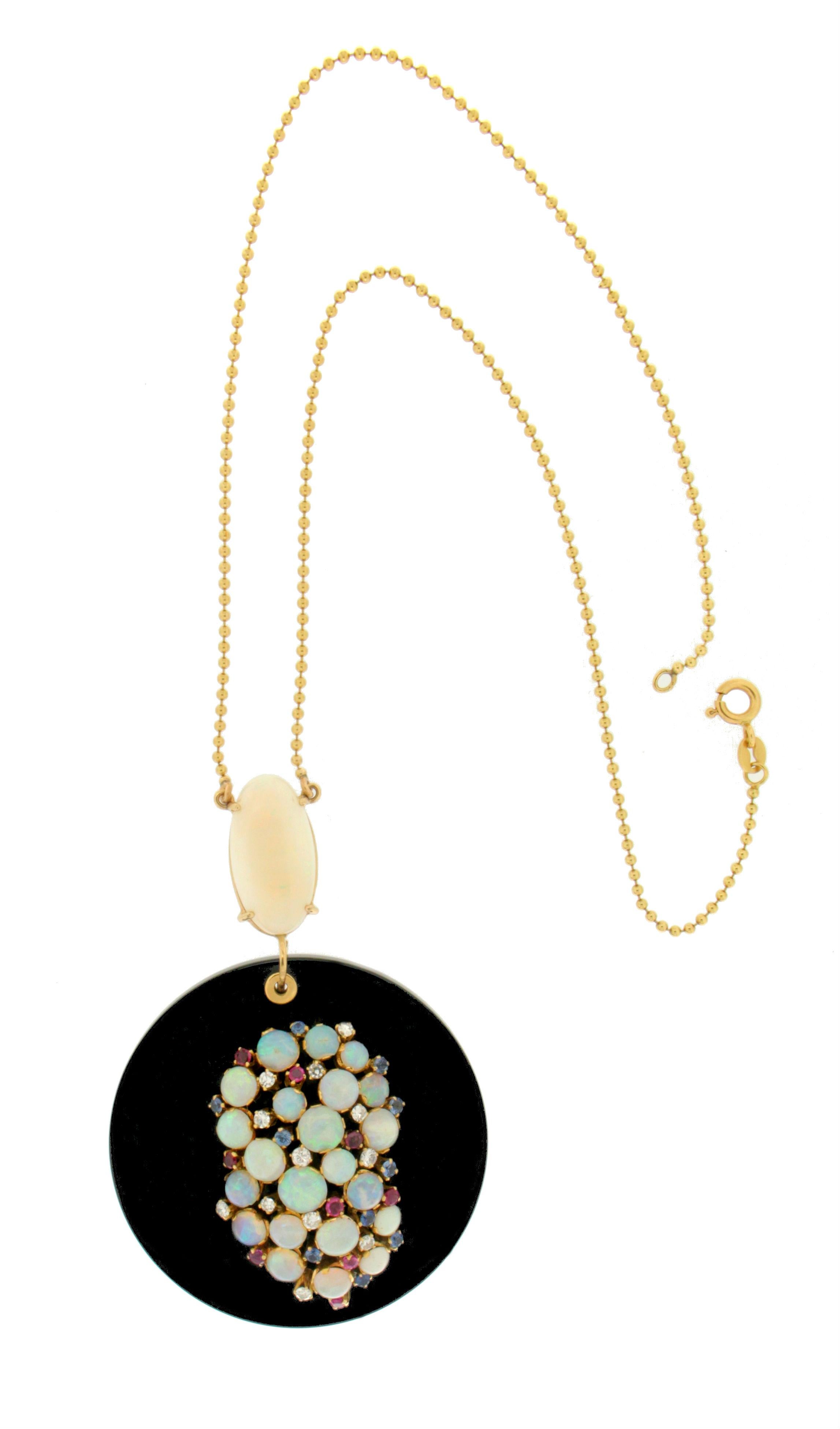 Brilliant Cut Handcraft Onyx 18 Karat Yellow Gold Diamonds Opal Sapphires Ruby Drop Necklace For Sale
