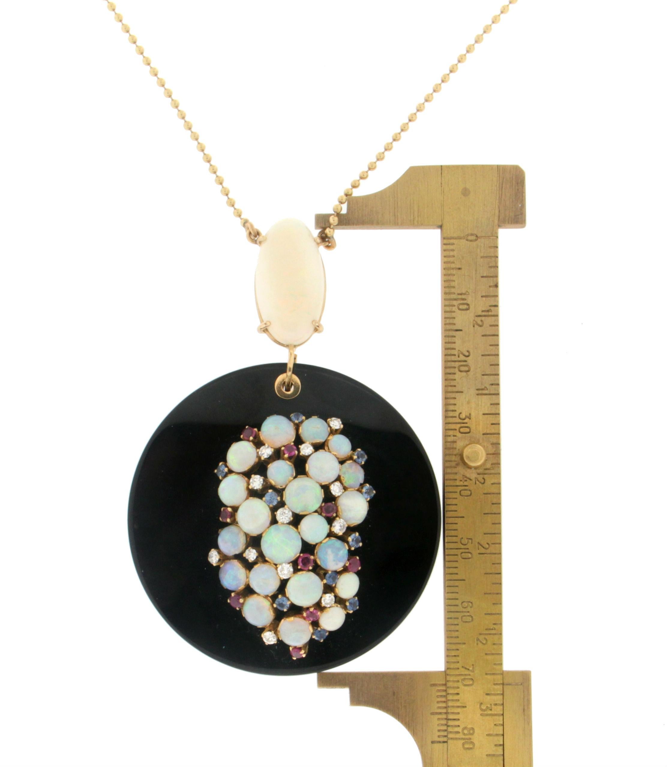 Handcraft Onyx 18 Karat Yellow Gold Diamonds Opal Sapphires Ruby Drop Necklace In New Condition For Sale In Marcianise, IT