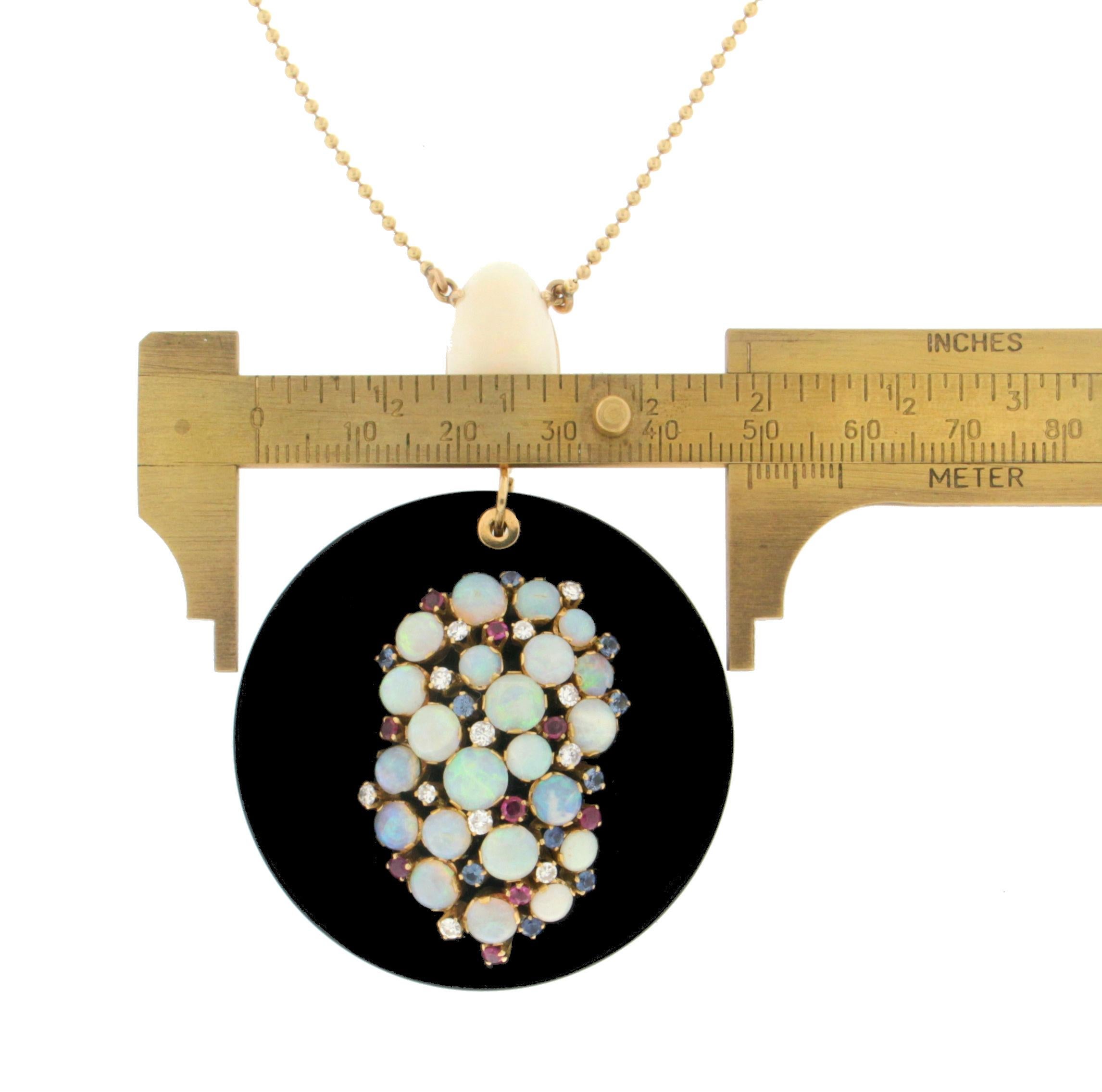 Women's or Men's Handcraft Onyx 18 Karat Yellow Gold Diamonds Opal Sapphires Ruby Drop Necklace For Sale