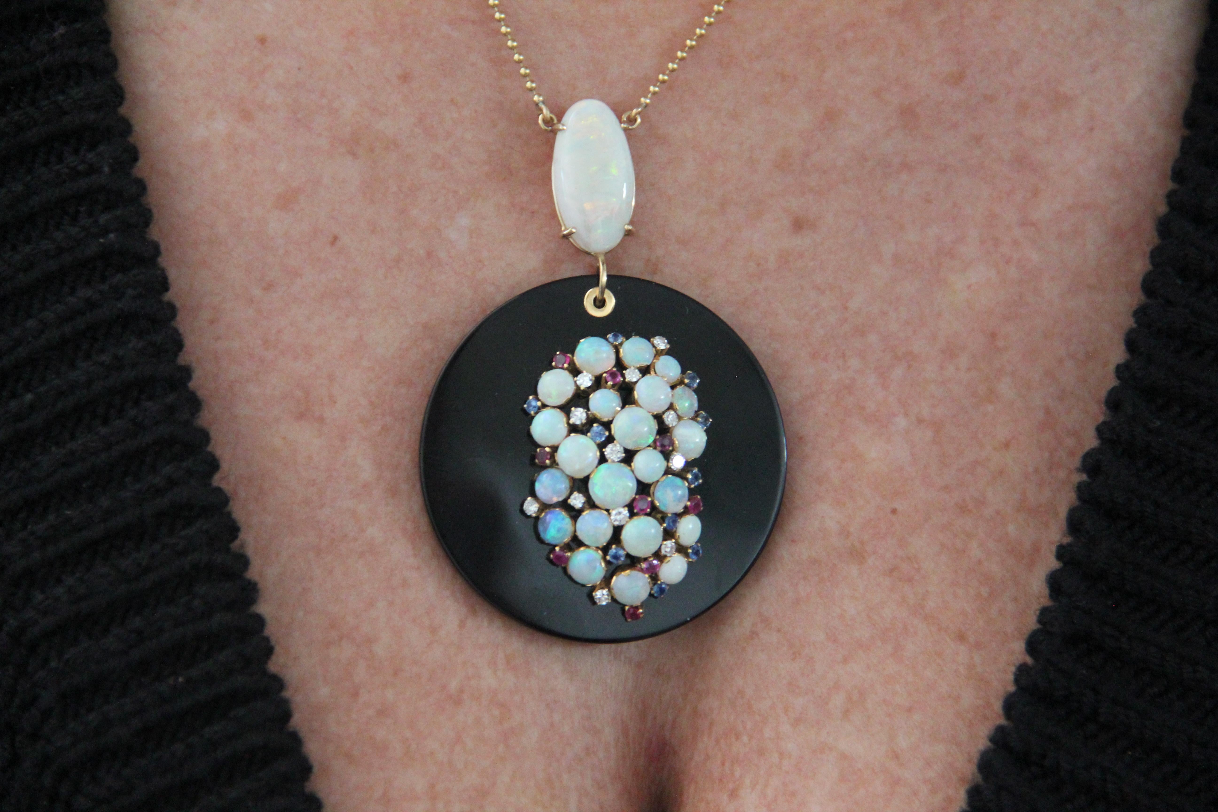Handcraft Onyx 18 Karat Yellow Gold Diamonds Opal Sapphires Ruby Drop Necklace For Sale 1