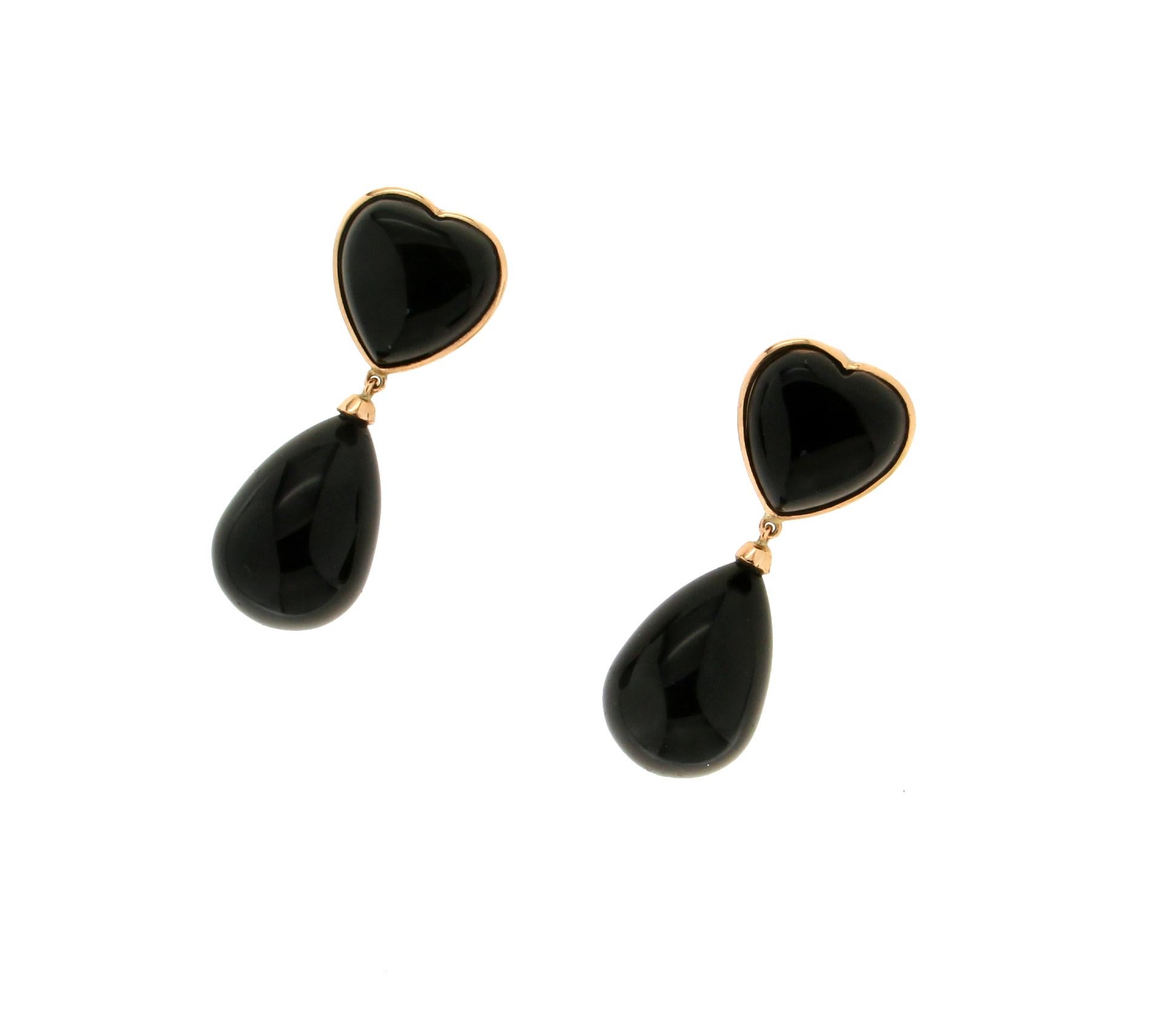 Artisan Handcraft Onyx 18 Karat Yellow Gold Drop Earrings For Sale