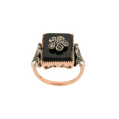 Handcraft Onyx 9 Karat Yellow Gold Diamonds Cocktail Ring