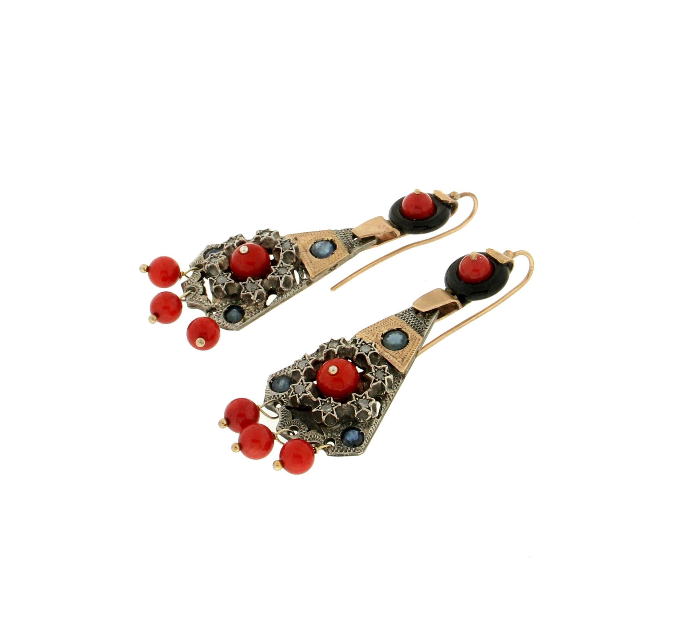 Mixed Cut Handcraft Onyx 9 Karat Yellow Gold Diamonds Sapphire Coral Dangle Earrings For Sale