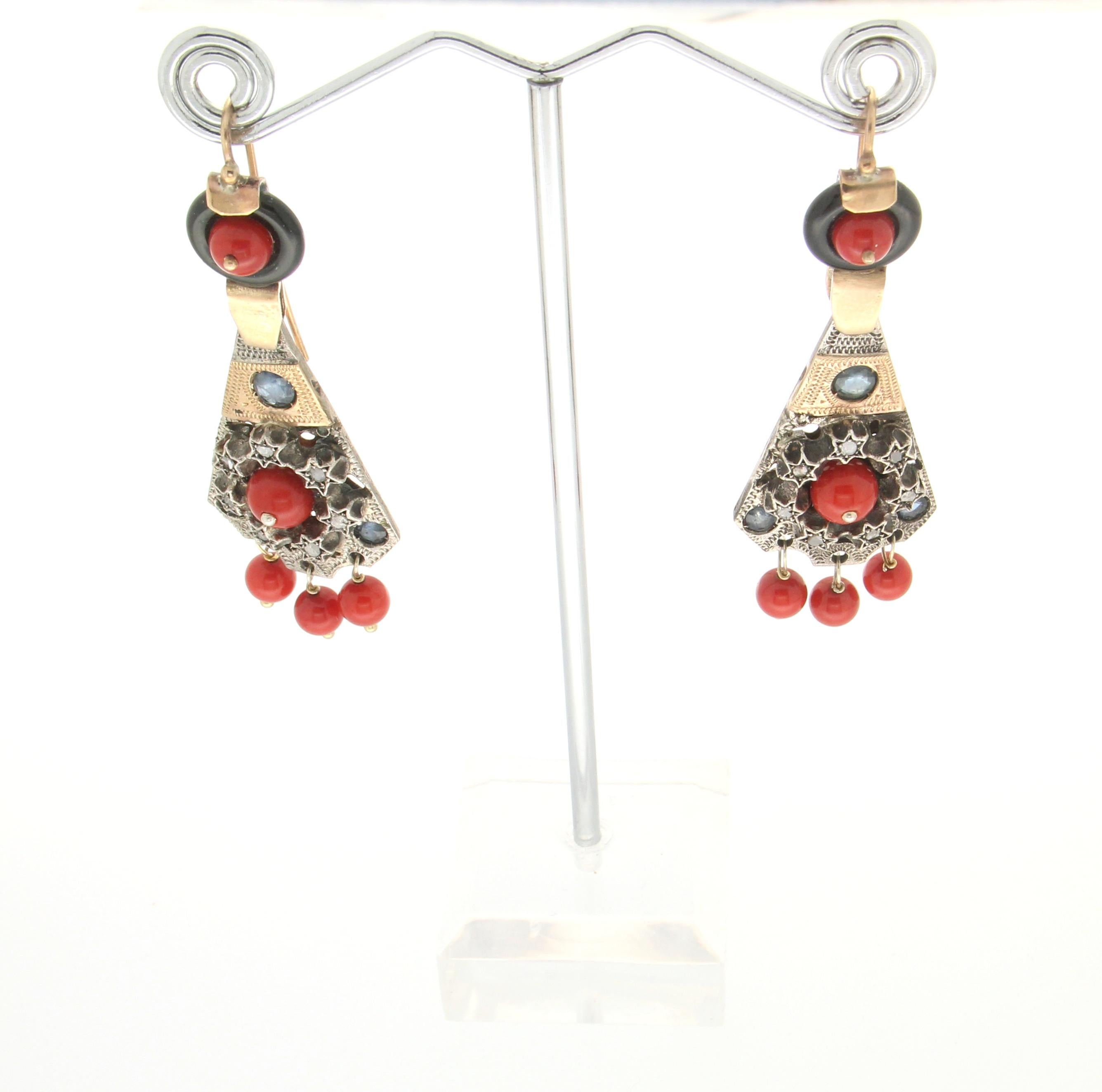 Women's or Men's Handcraft Onyx 9 Karat Yellow Gold Diamonds Sapphire Coral Dangle Earrings For Sale