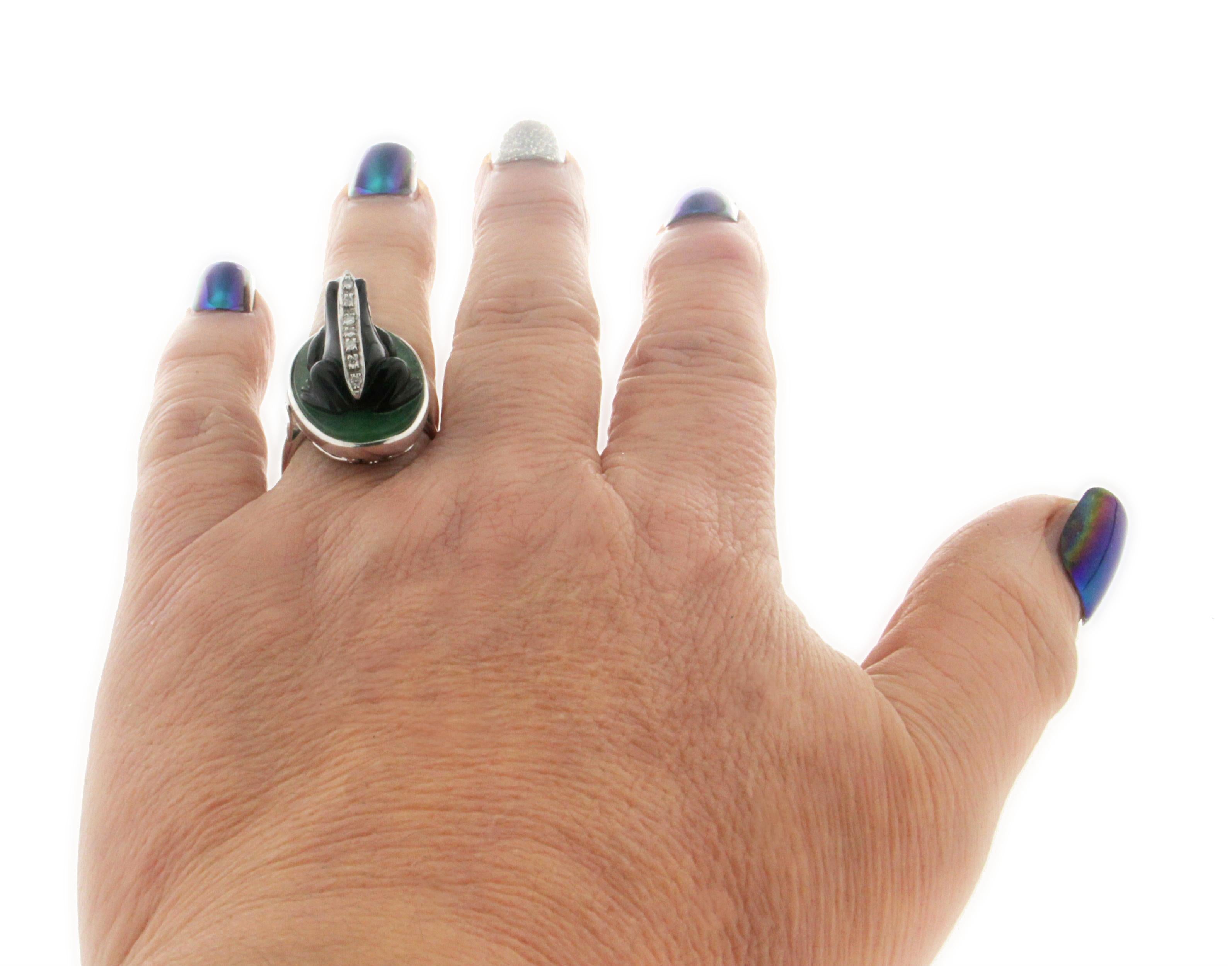 Handcraft Onyx Frog 18 Karat White Gold Aventurine Diamonds Cocktail Ring For Sale 7