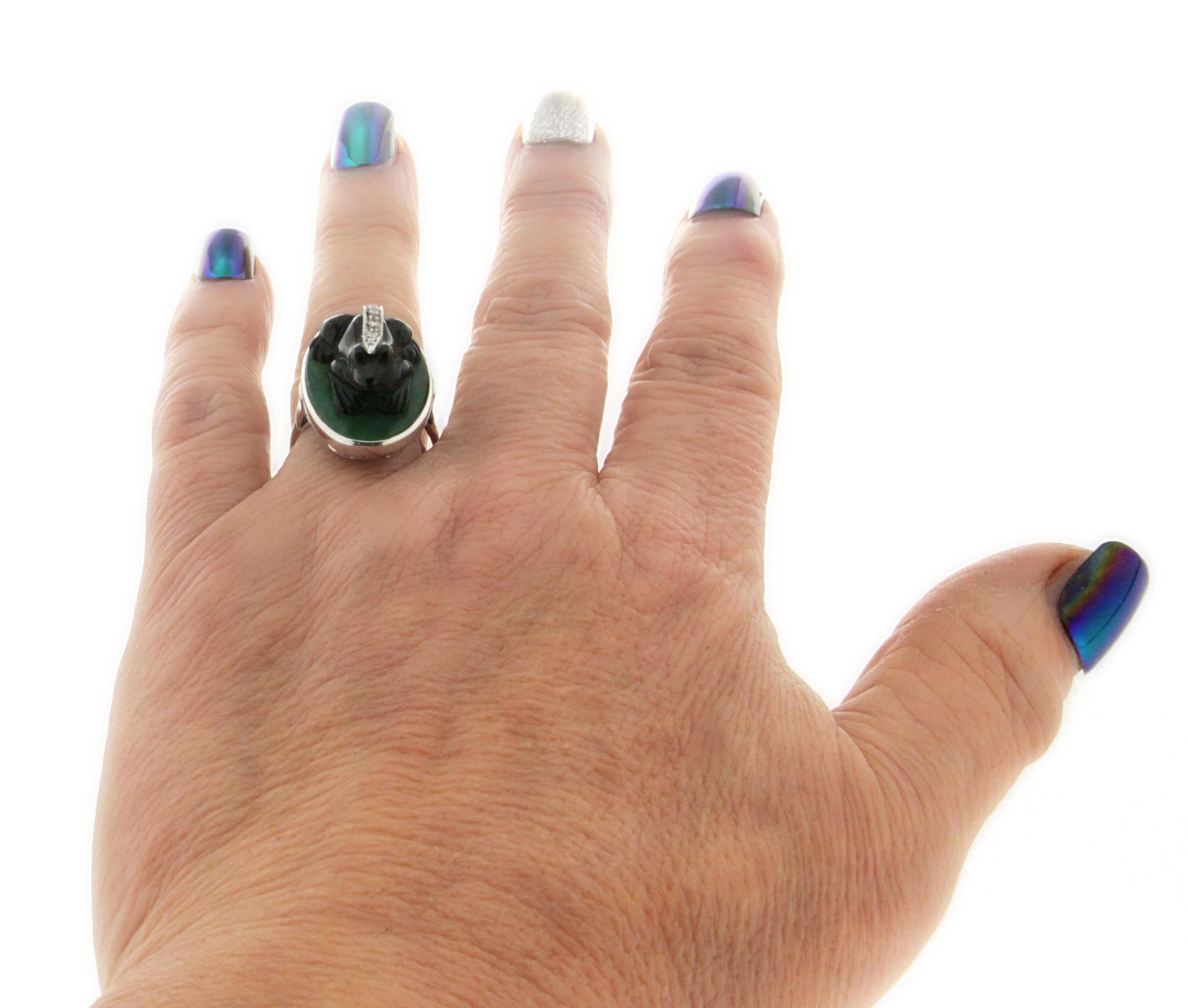 Handcraft Onyx Frog 18 Karat White Gold Aventurine Diamonds Cocktail Ring For Sale 9