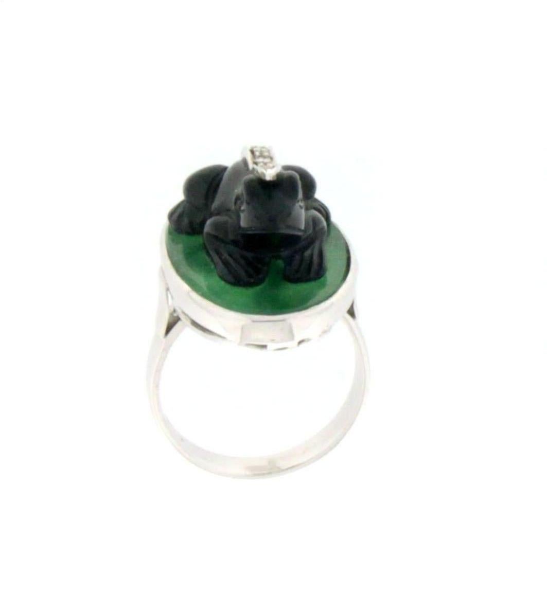 Handcraft Onyx Frog 18 Karat White Gold Aventurine Diamonds Cocktail Ring In New Condition For Sale In Marcianise, IT