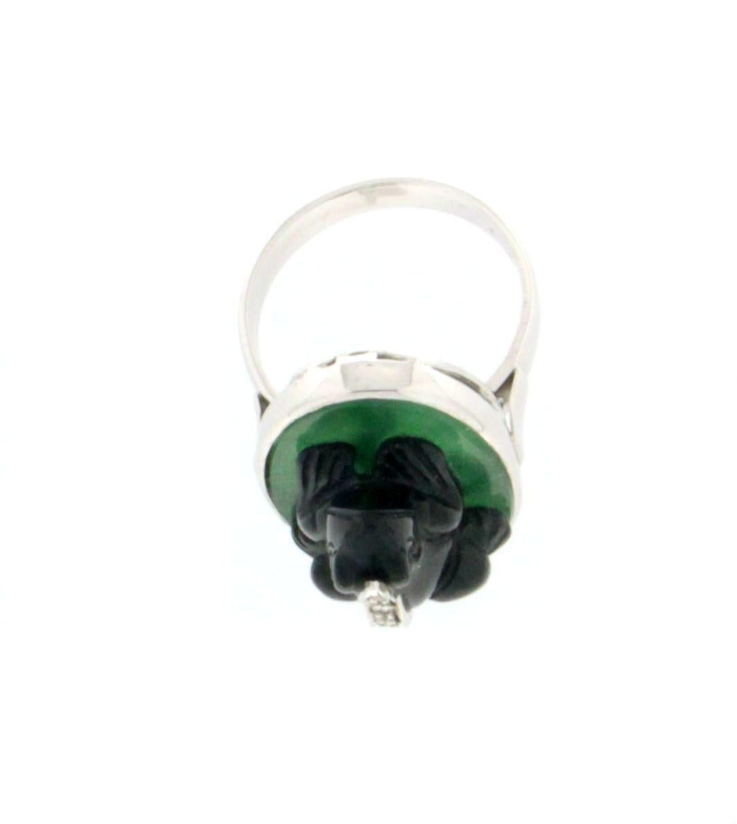 Handcraft Onyx Frog 18 Karat White Gold Aventurine Diamonds Cocktail Ring In New Condition For Sale In Marcianise, IT