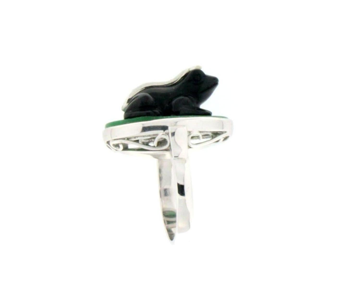 Women's Handcraft Onyx Frog 18 Karat White Gold Aventurine Diamonds Cocktail Ring For Sale