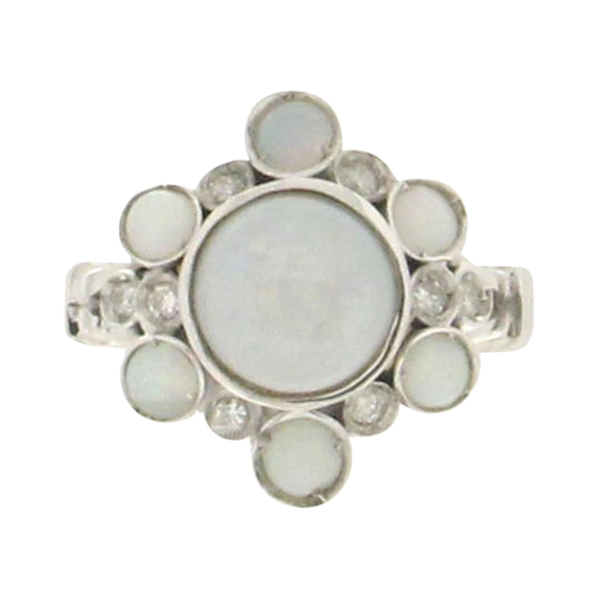 Handcraft Opal 18 Karat White Gold Diamonds Cocktail Ring For Sale