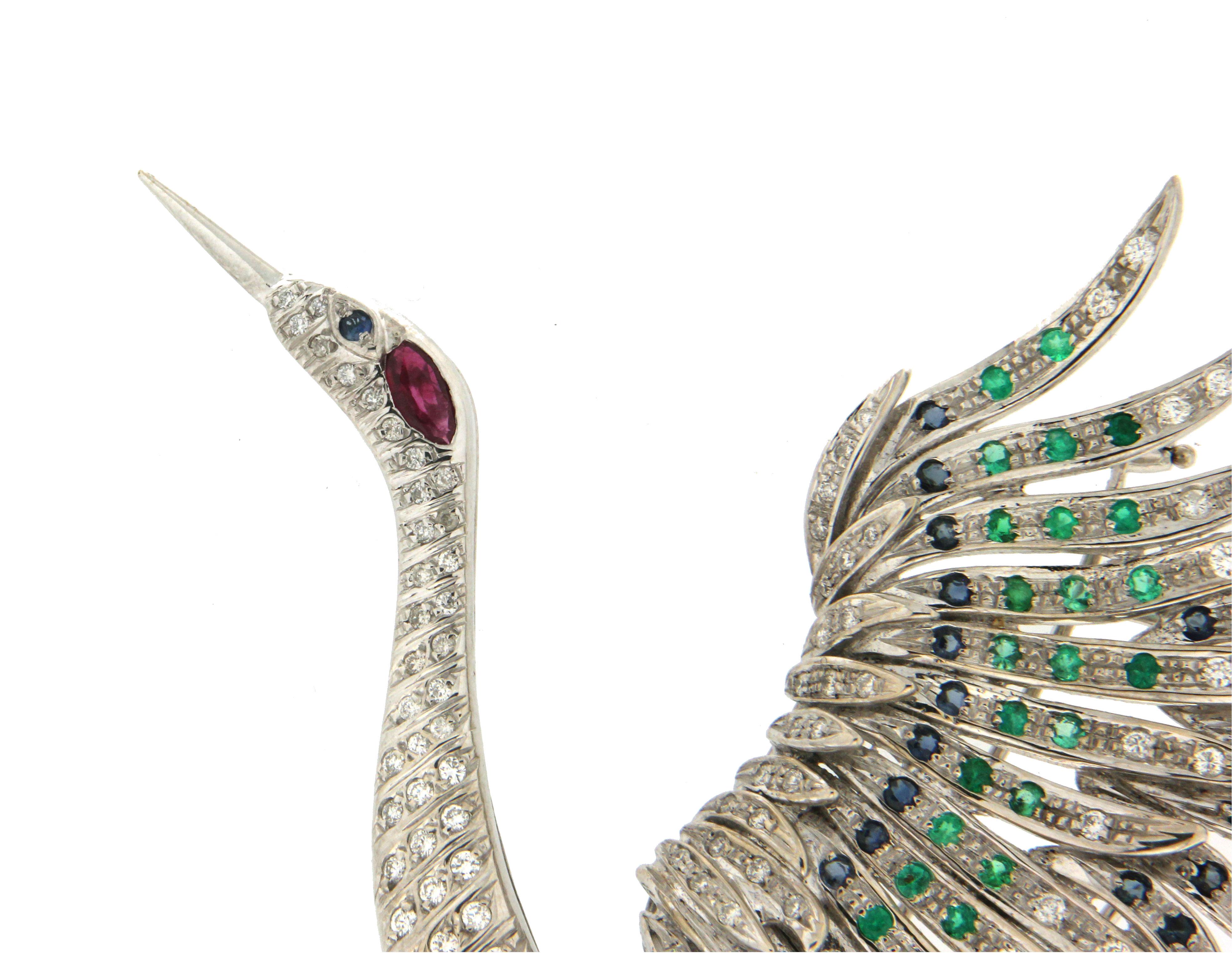 Artisan Handcraft Opal 18 Karat White Gold Diamonds Emeralds Sapphires Ruby Swan Brooch For Sale