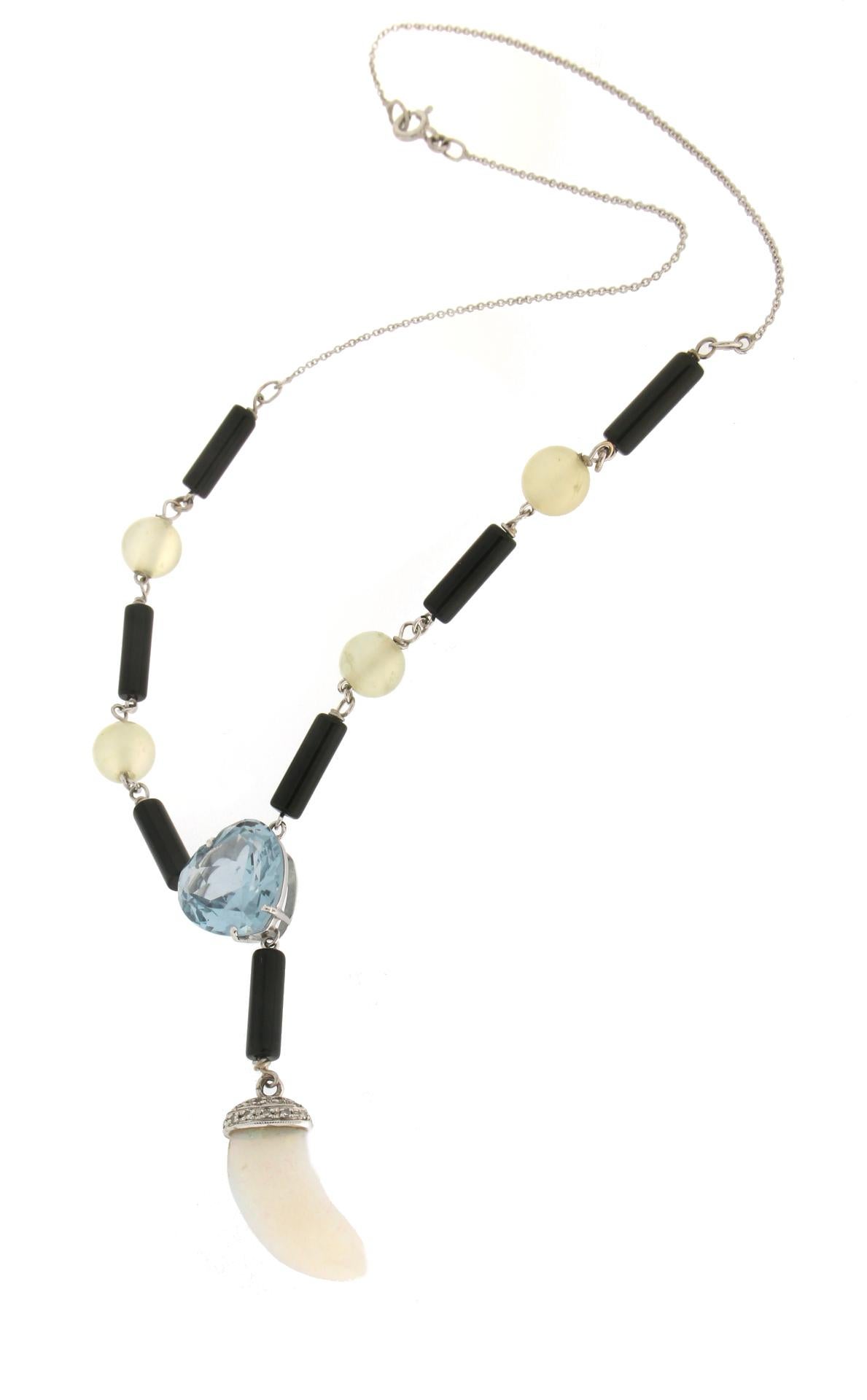 Artisan Handcraft Opal 18 Karat White Gold Diamonds Onyx Pendant Necklace