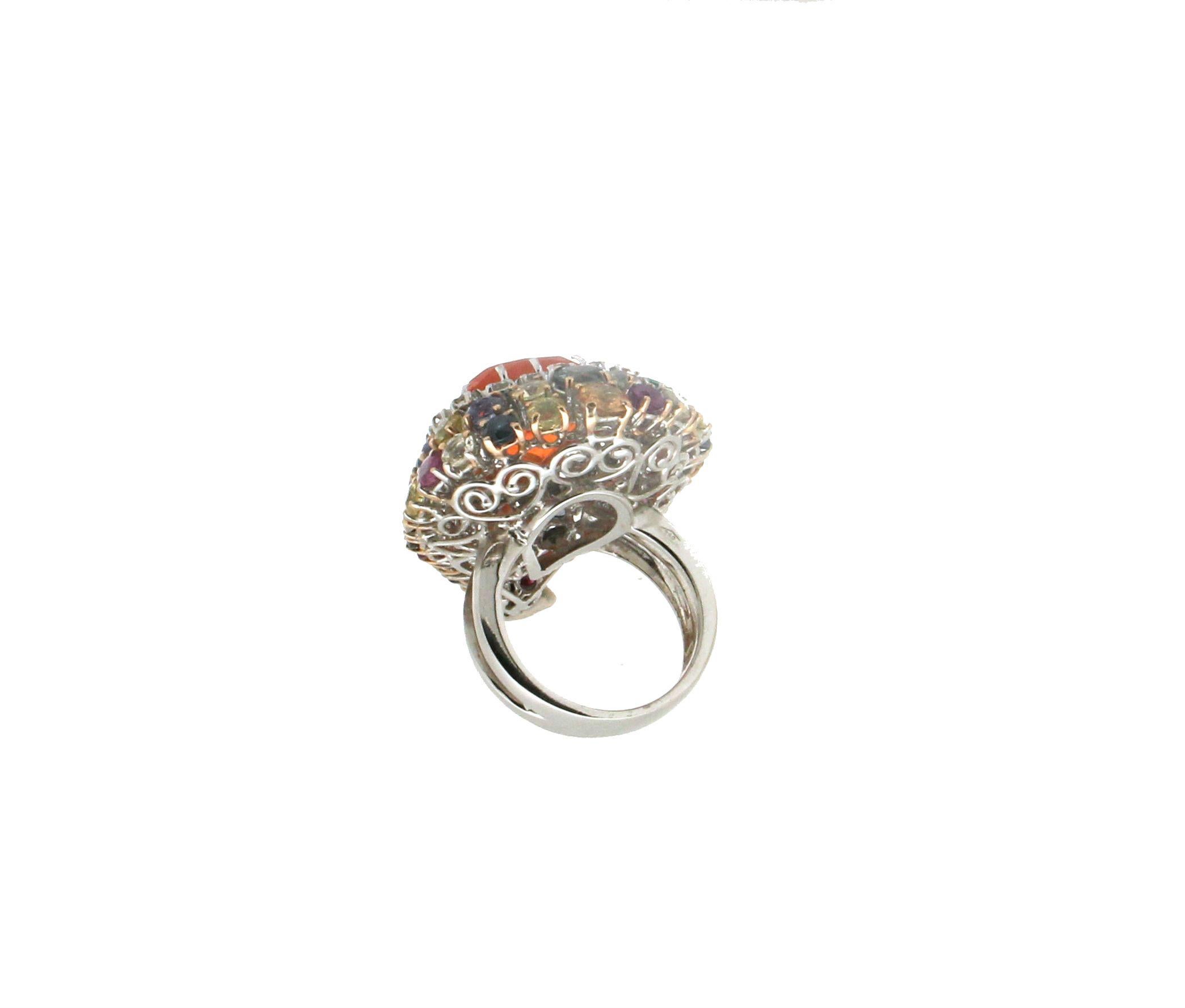 Handcraft Opal Fire Heart 18 Karat White Gold Diamonds Cocktail Ring In New Condition For Sale In Marcianise, IT