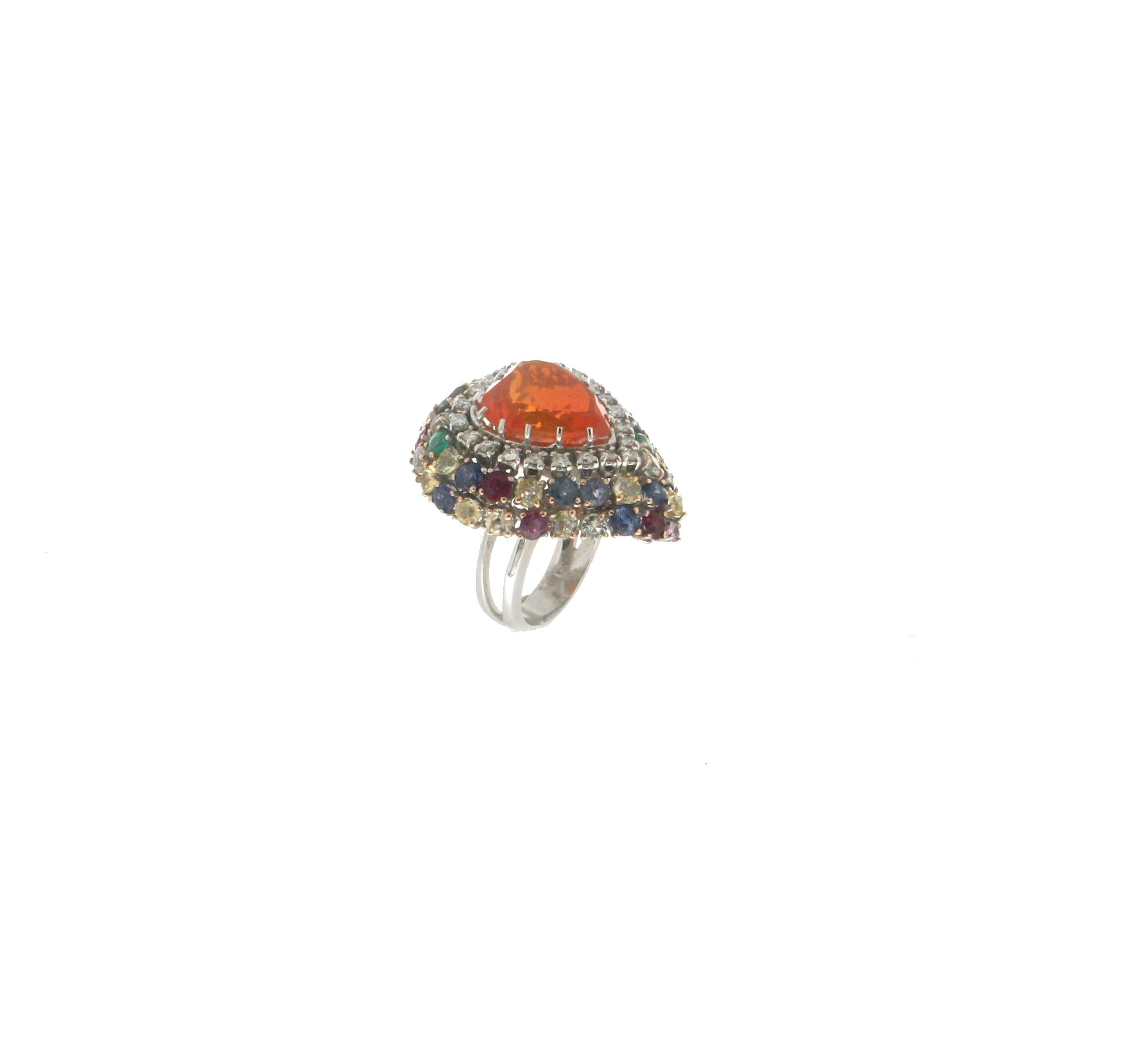 Women's or Men's Handcraft Opal Fire Heart 18 Karat White Gold Diamonds Cocktail Ring For Sale