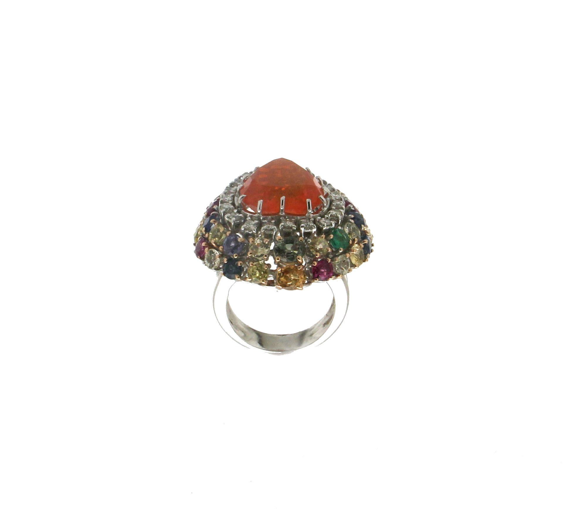 Handcraft Opal Fire Heart 18 Karat White Gold Diamonds Cocktail Ring For Sale 2