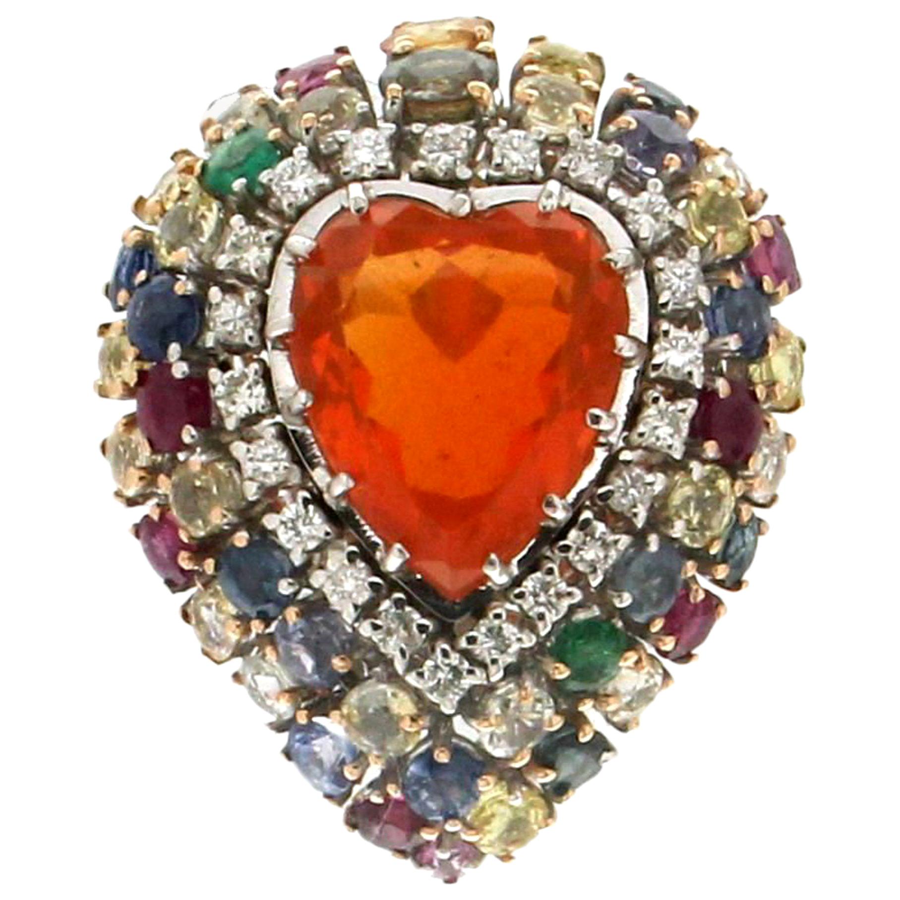 Handcraft Opal Fire Heart 18 Karat White Gold Diamonds Cocktail Ring