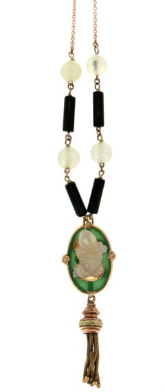 Handcraft Opal Frog 18 Karat Yellow Gold Diamonds Onyx Jade Pendant Necklace