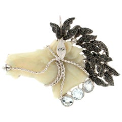 Handcraft Opal Horse 18 Karat White Gold Diamonds Aquamarine Brooch/Pendant