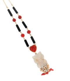 Handcraft Opal Owl 18 Karat Yellow Gold Coral Onyx Diamonds Pendant Necklace