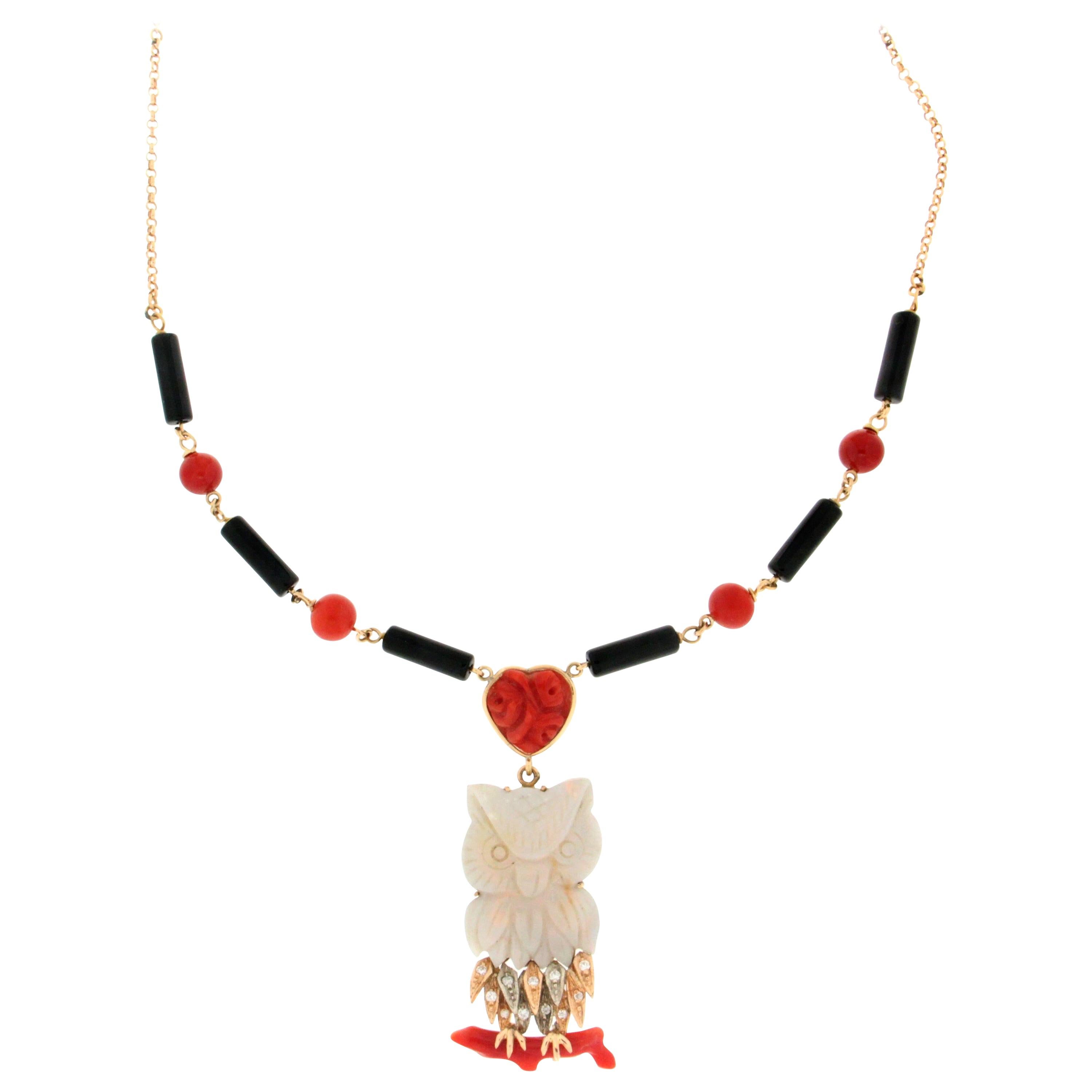 Handcraft Opal Owl 18 Karat Yellow Gold Coral Onyx Diamonds Pendant Necklace