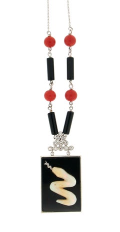 Handcraft Opal Snake 18 Karat White Gold Onyx Coral Pendant Necklace