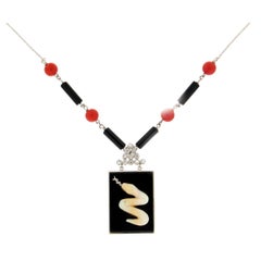 Handcraft Opal Snake 18 Karat White Gold Onyx Coral Pendant Necklace