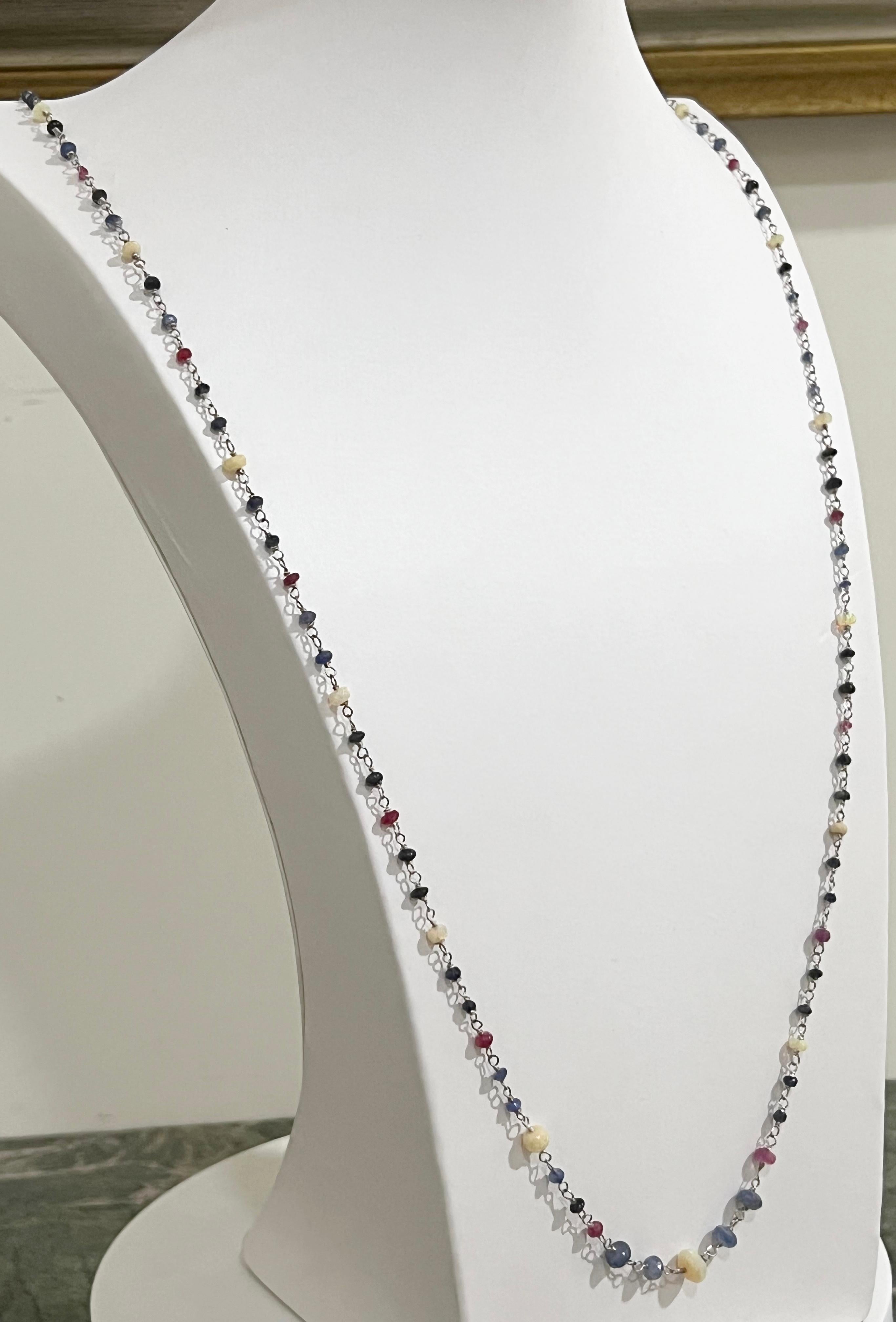 Artisan Handcraft Opals 18 Karat White Gold Rubies Sapphires Chain Necklace For Sale