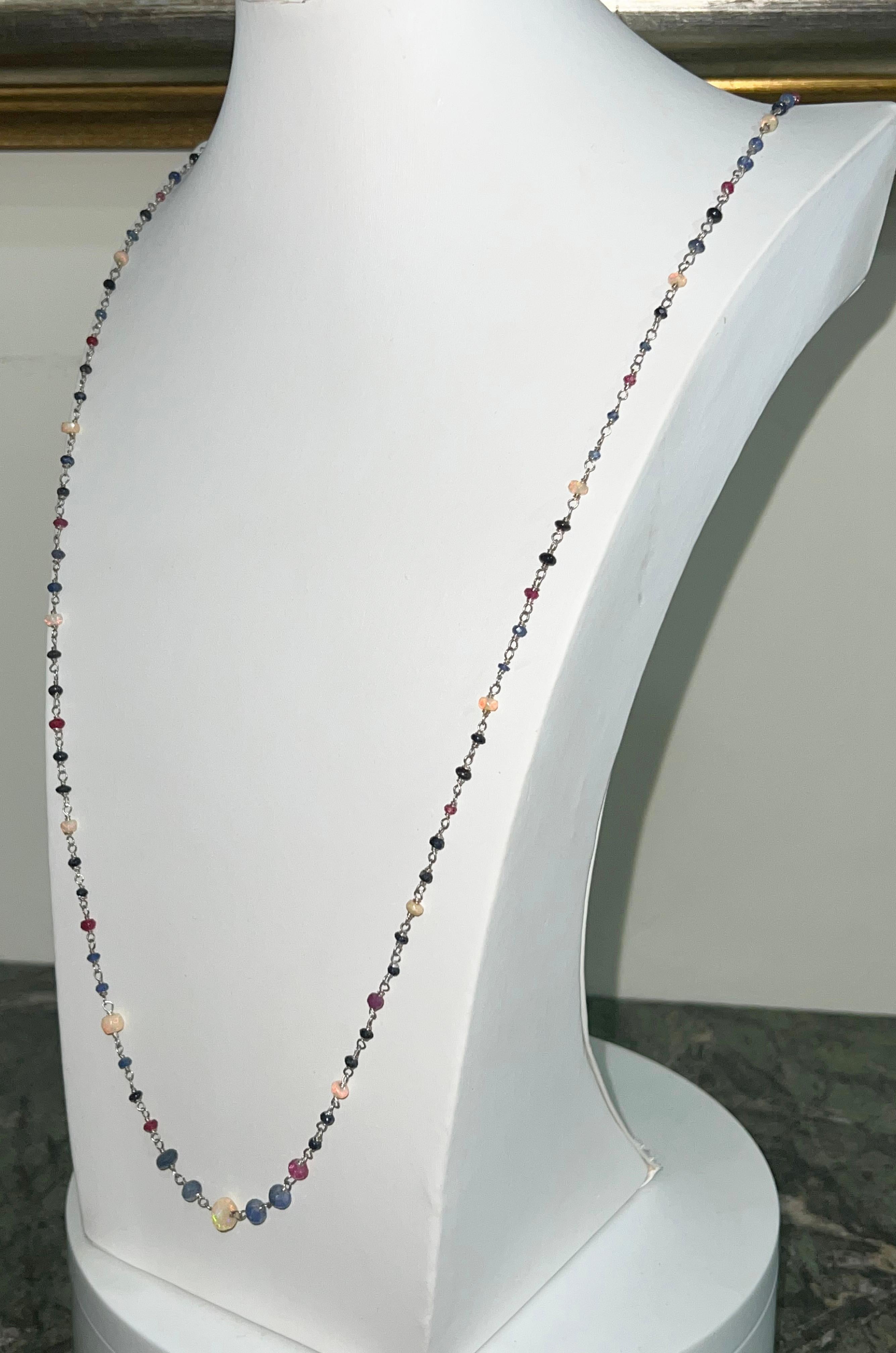 Mixed Cut Handcraft Opals 18 Karat White Gold Rubies Sapphires Chain Necklace For Sale