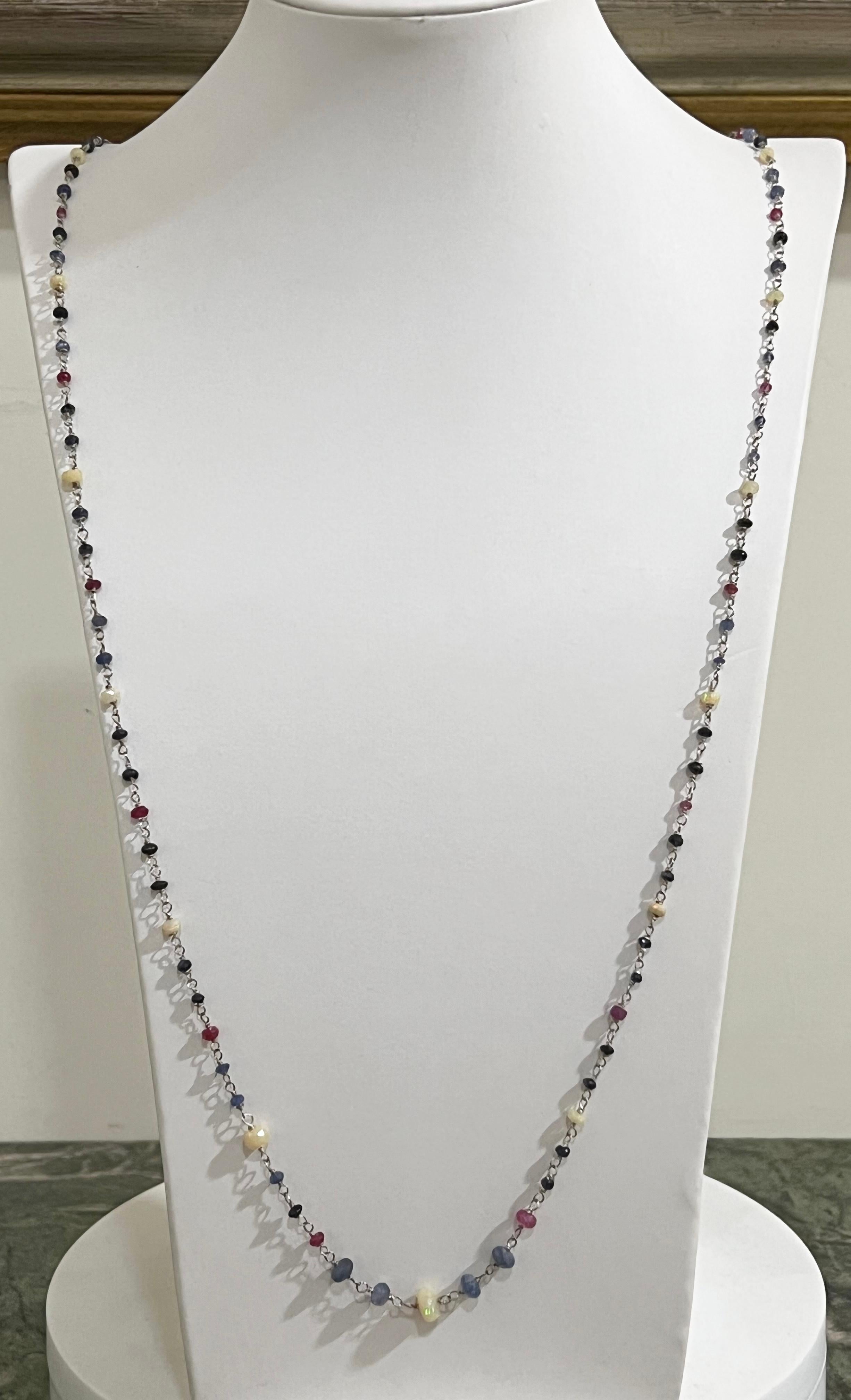Handcraft Opals 18 Karat White Gold Rubies Sapphires Chain Necklace In New Condition For Sale In Marcianise, IT